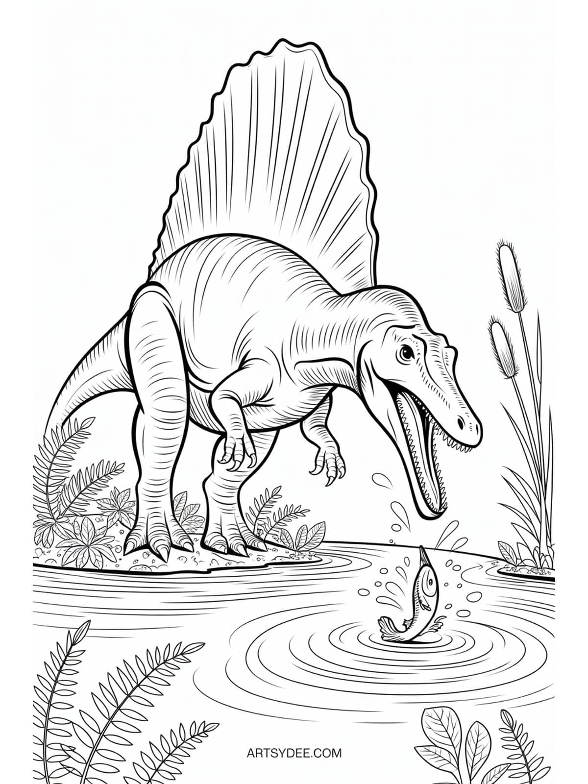 Free dinosaur coloring page - Stegosaurus with plates and spikes in fern forest