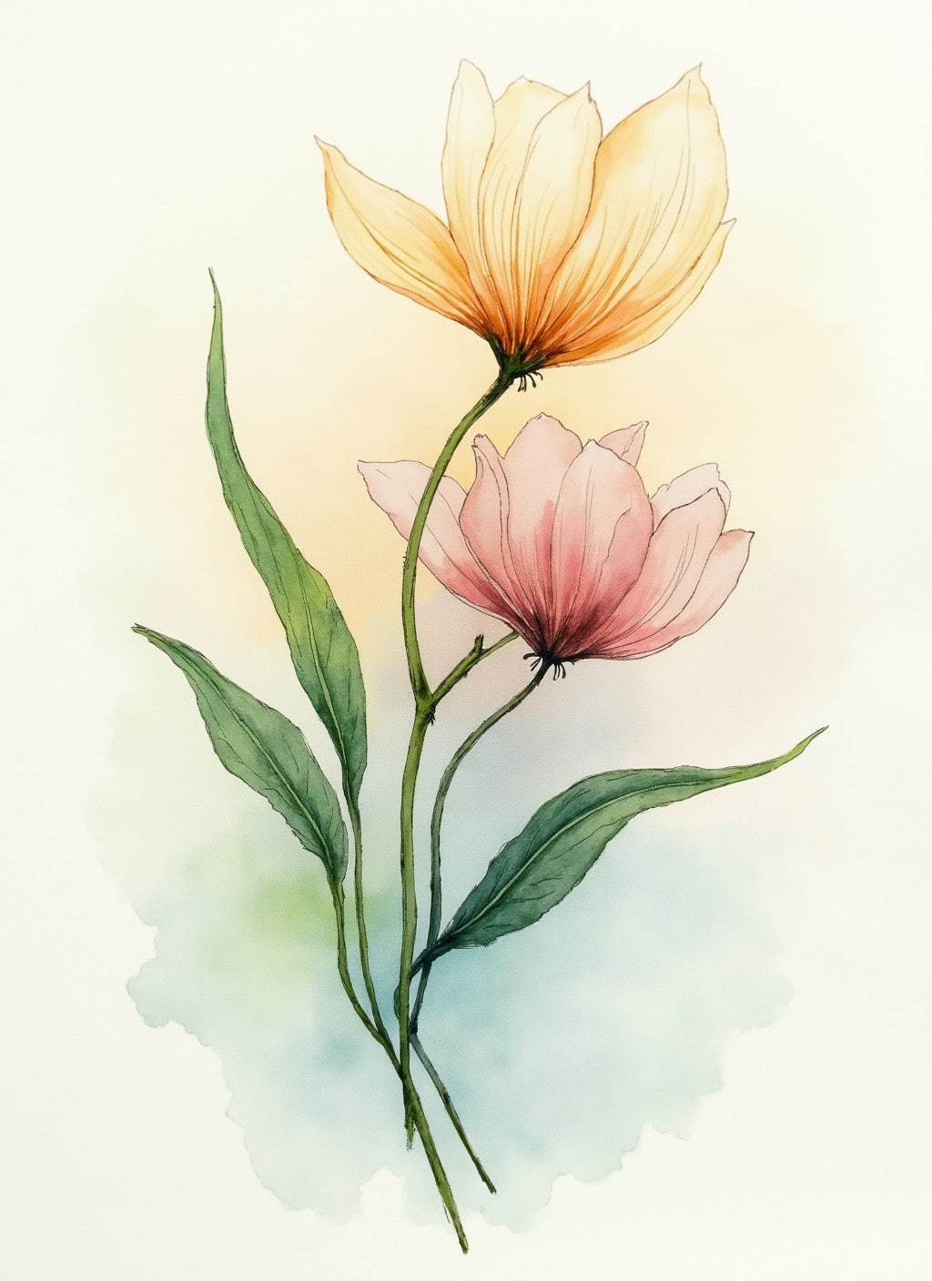 Loose watercolor landscape painting showing expressive sky washes bleeding into distant hills and water reflections