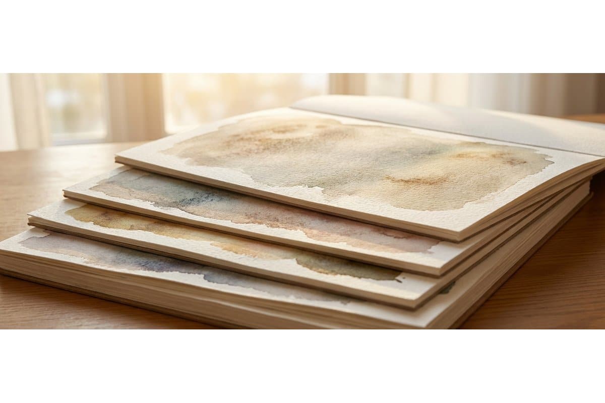 Premium watercolor papers including Arches and Fabriano Artistico with vibrant paint samples showing color quality