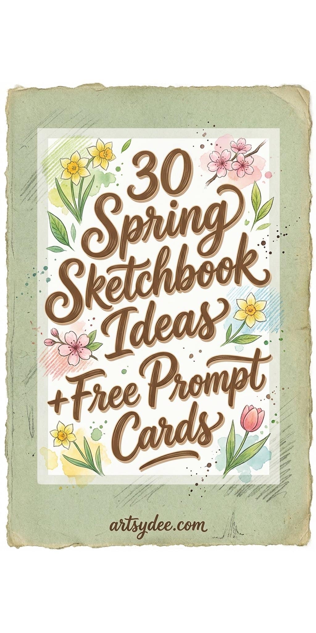 Spring sketchbook ideas Pinterest pin with cherry blossoms and sketchbook on cream background