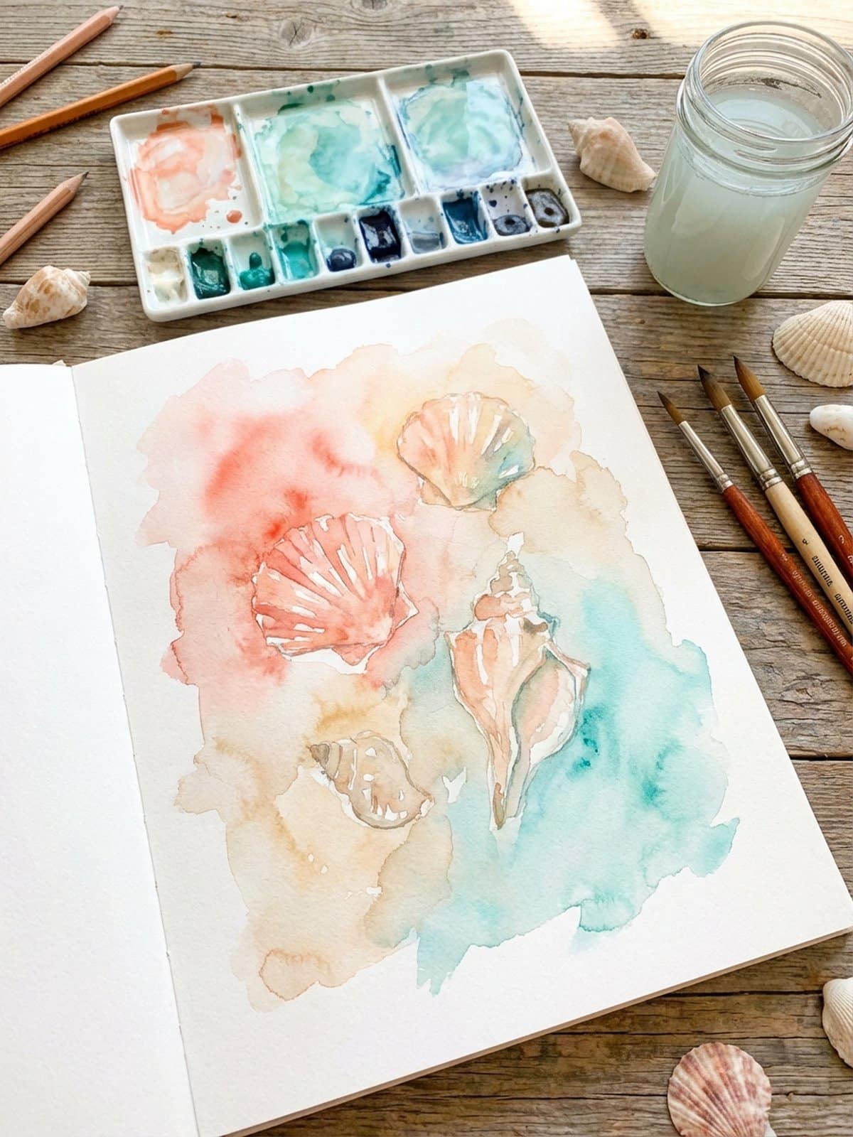 Watercolor seashell painting in progress with ocean color palette