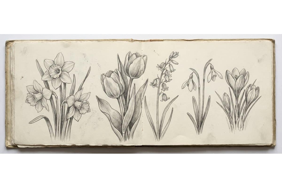 Pencil sketch of spring flowers in an open sketchbook on cream paper with soft natural lighting