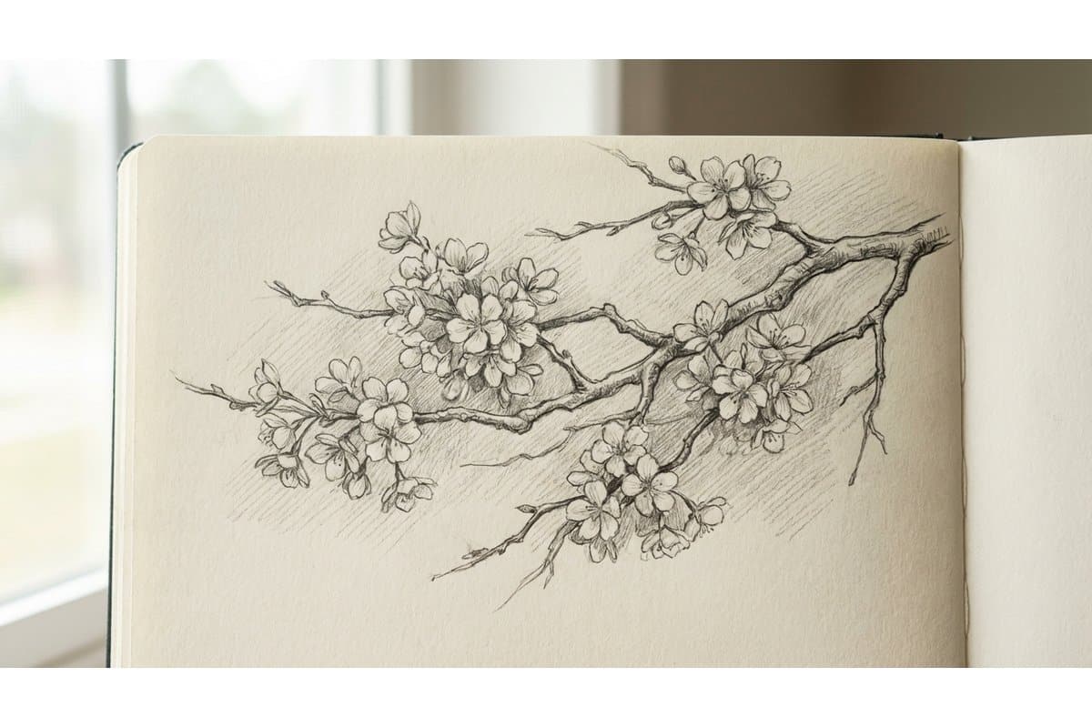 Pencil sketch of spring butterflies and baby birds in a sketchbook with realistic graphite shading