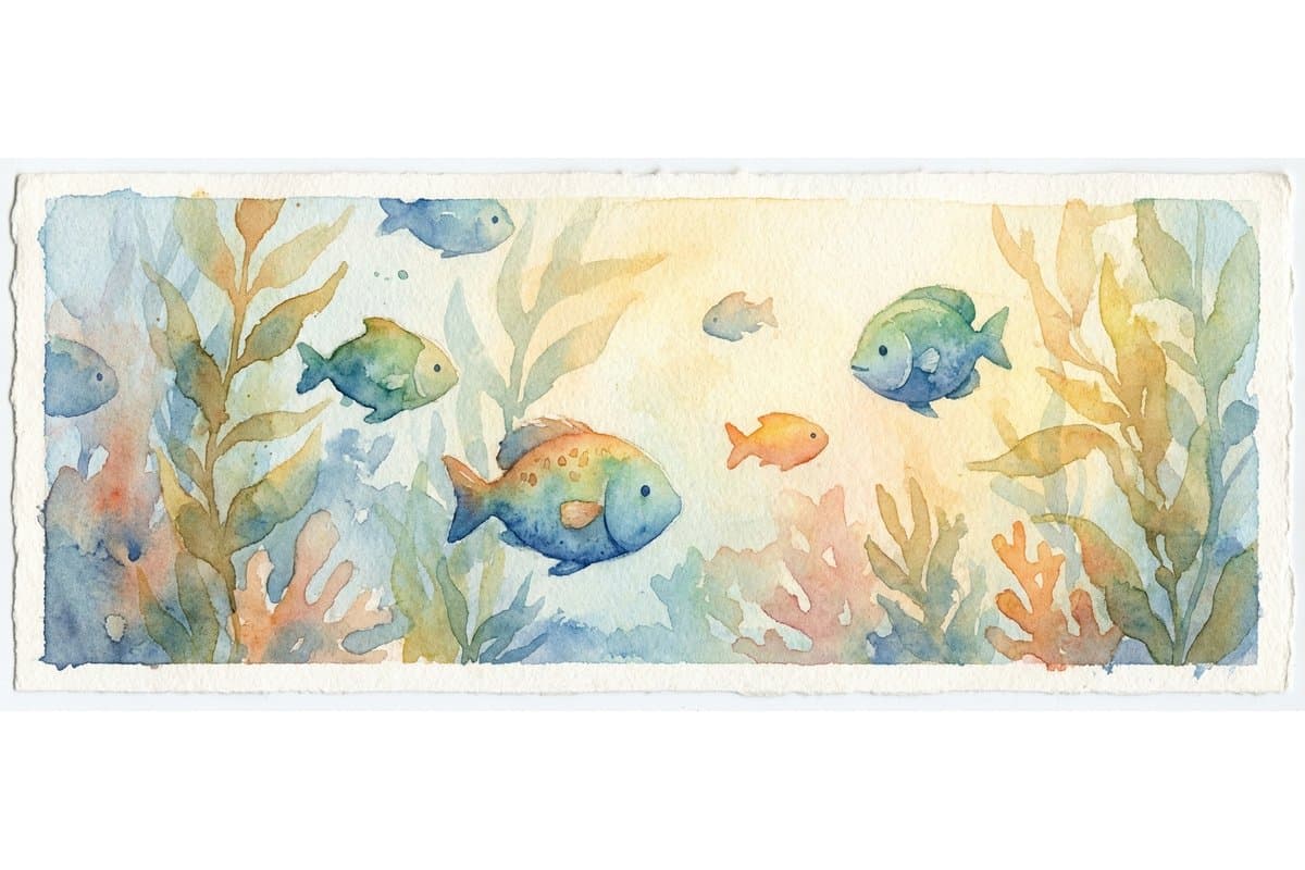 Simple watercolor ocean scene with colourful fish and wavy blue water painted by a child