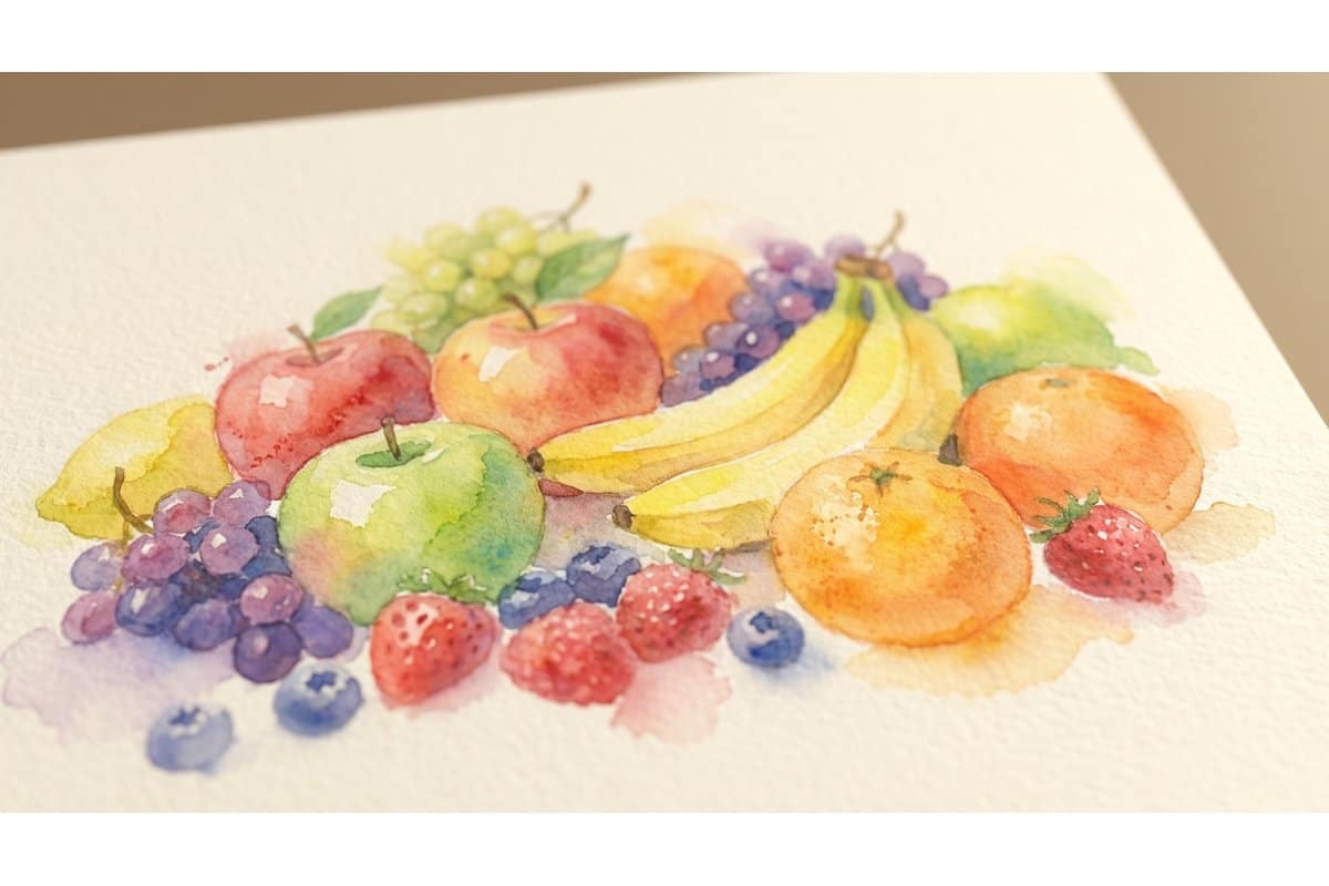 Bold watercolor fruit paintings including apples oranges and watermelon slices by a young artist