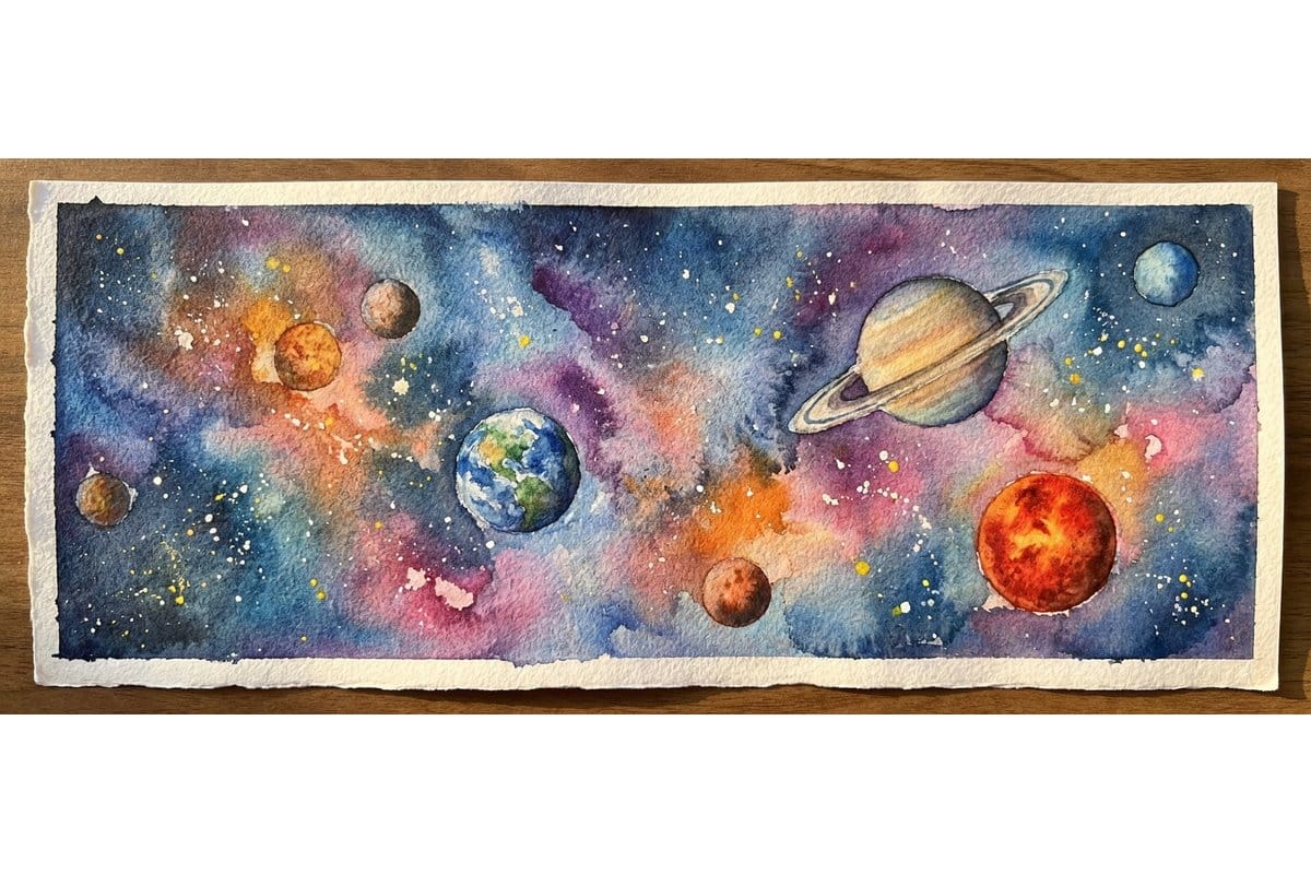 Watercolor space scene with colourful planets stars and a dark blue galaxy background