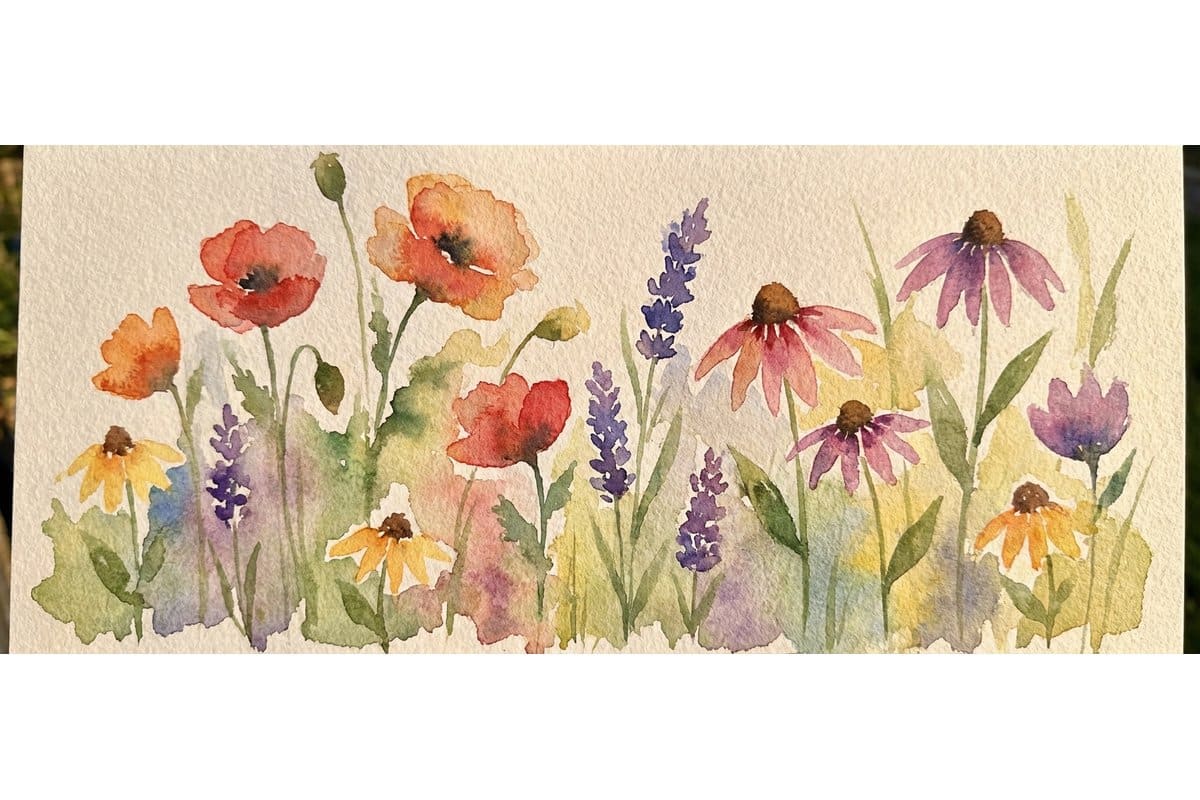 Cheerful watercolor flower garden with simple daisies tulips and green stems painted by a child