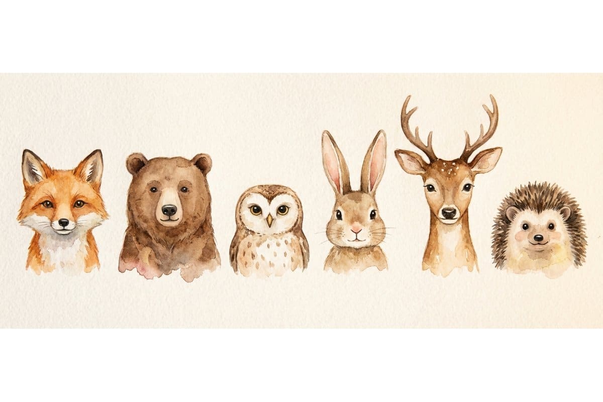 Cute simple watercolor animal faces including a cat panda and bunny painted by a child