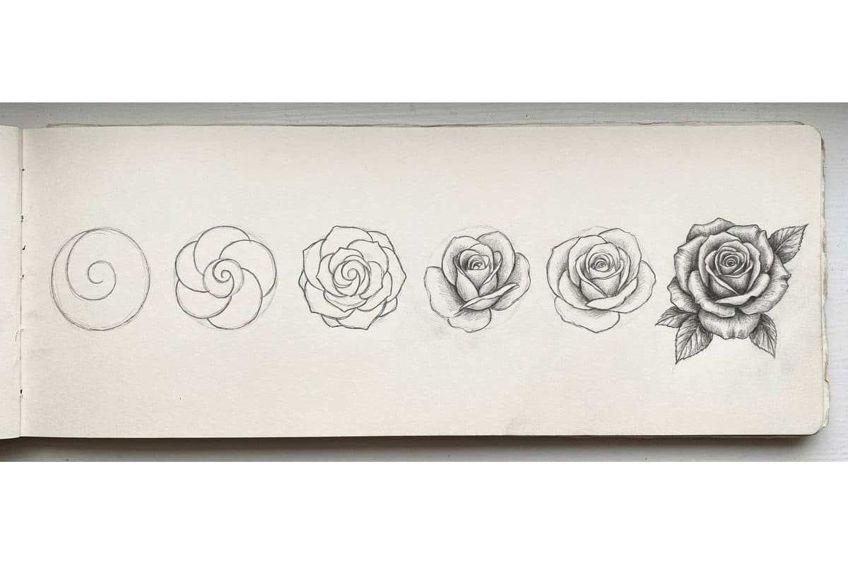 Open sketchbook with simple flower sketches showing basic petal shapes on cream paper