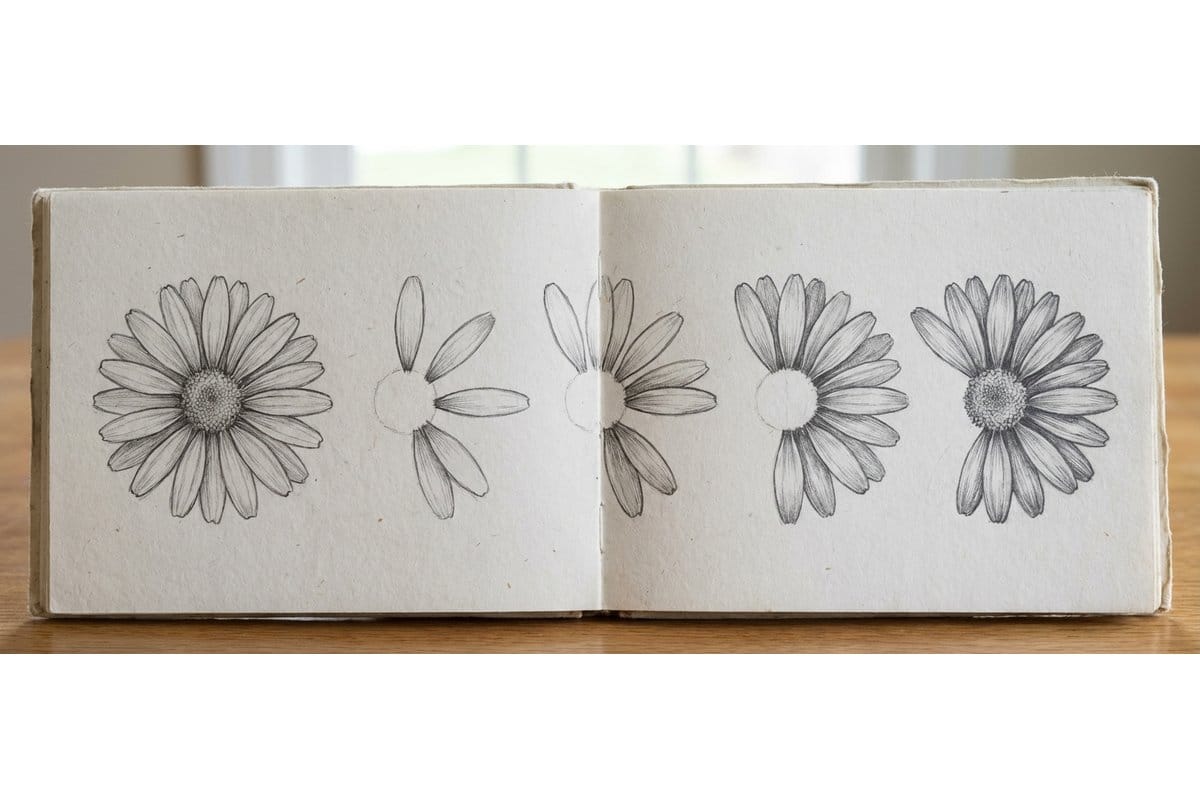 Step by step rose drawing tutorial showing the circle method from spiral to finished bloom