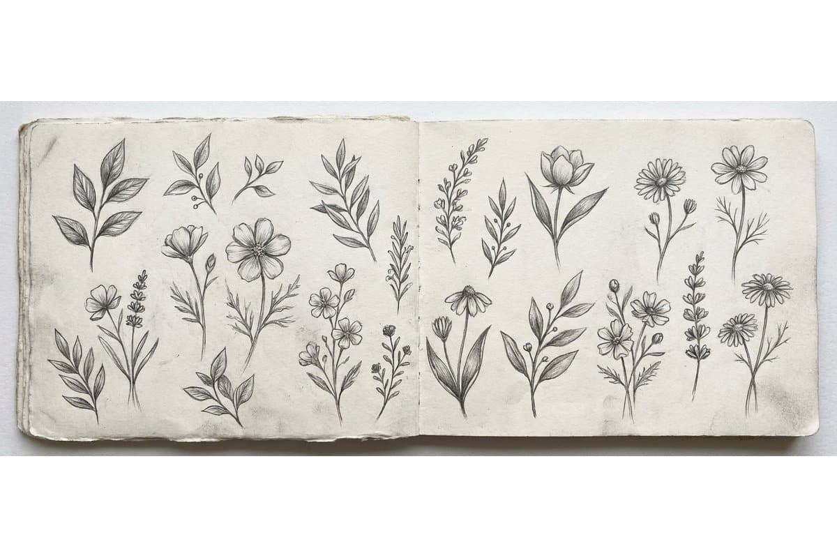 Wildflower bouquet pencil sketch showing mixed flowers with daisies lavender and greenery