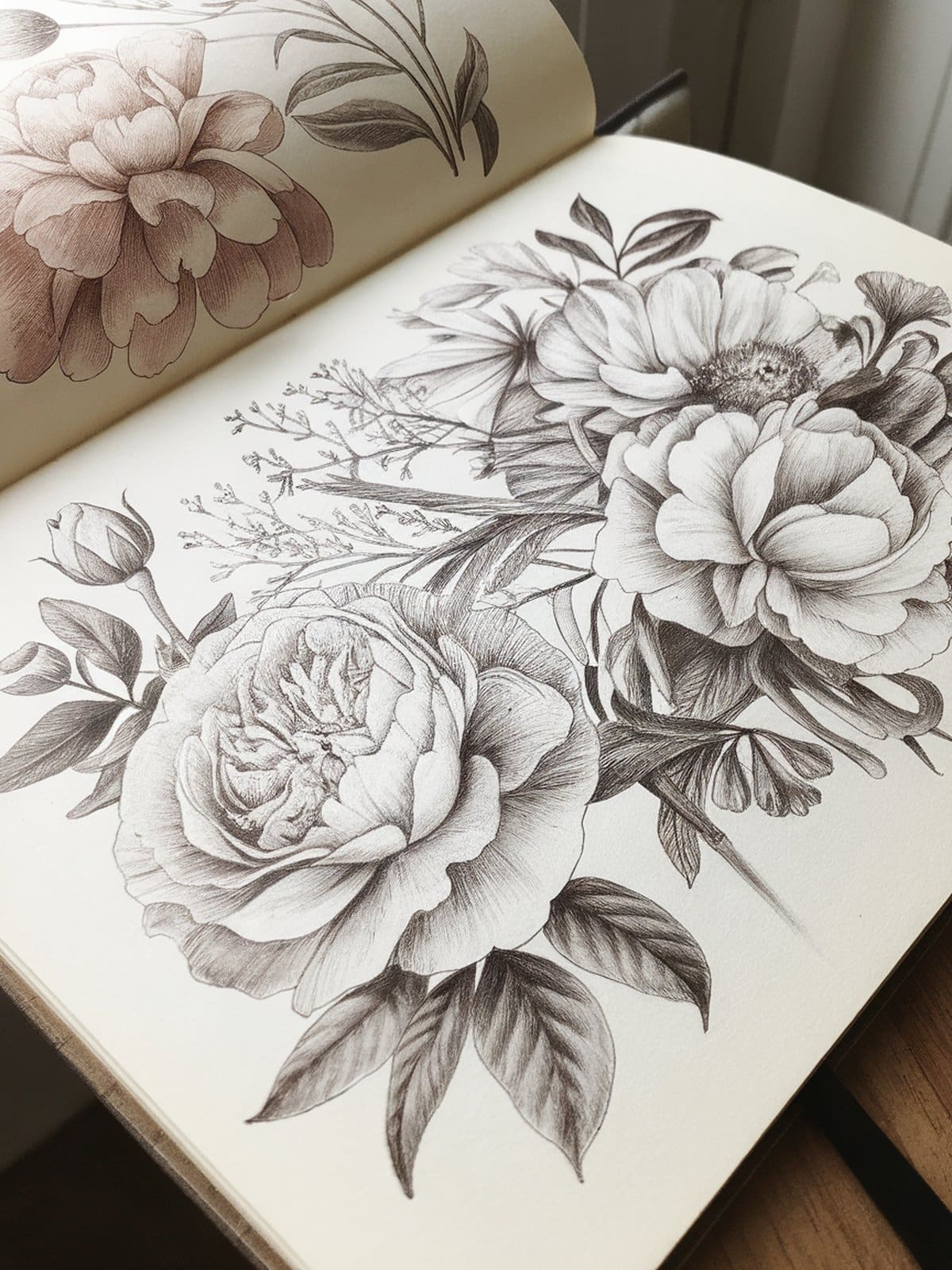 Close-up of hand-drawn botanical flowers in a sketchbook &mdash; detailed pencil illustrations of roses and wildflowers