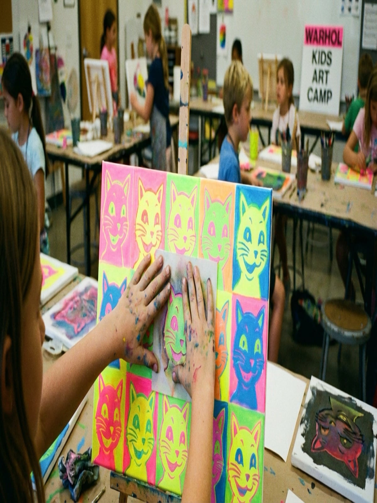Child creating Andy Warhol inspired pop art with colorful repeating patterns