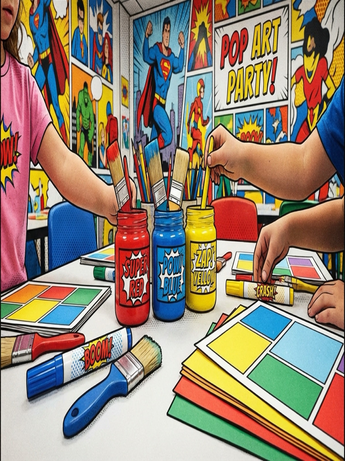 Colorful pop art supplies arranged for kids art projects