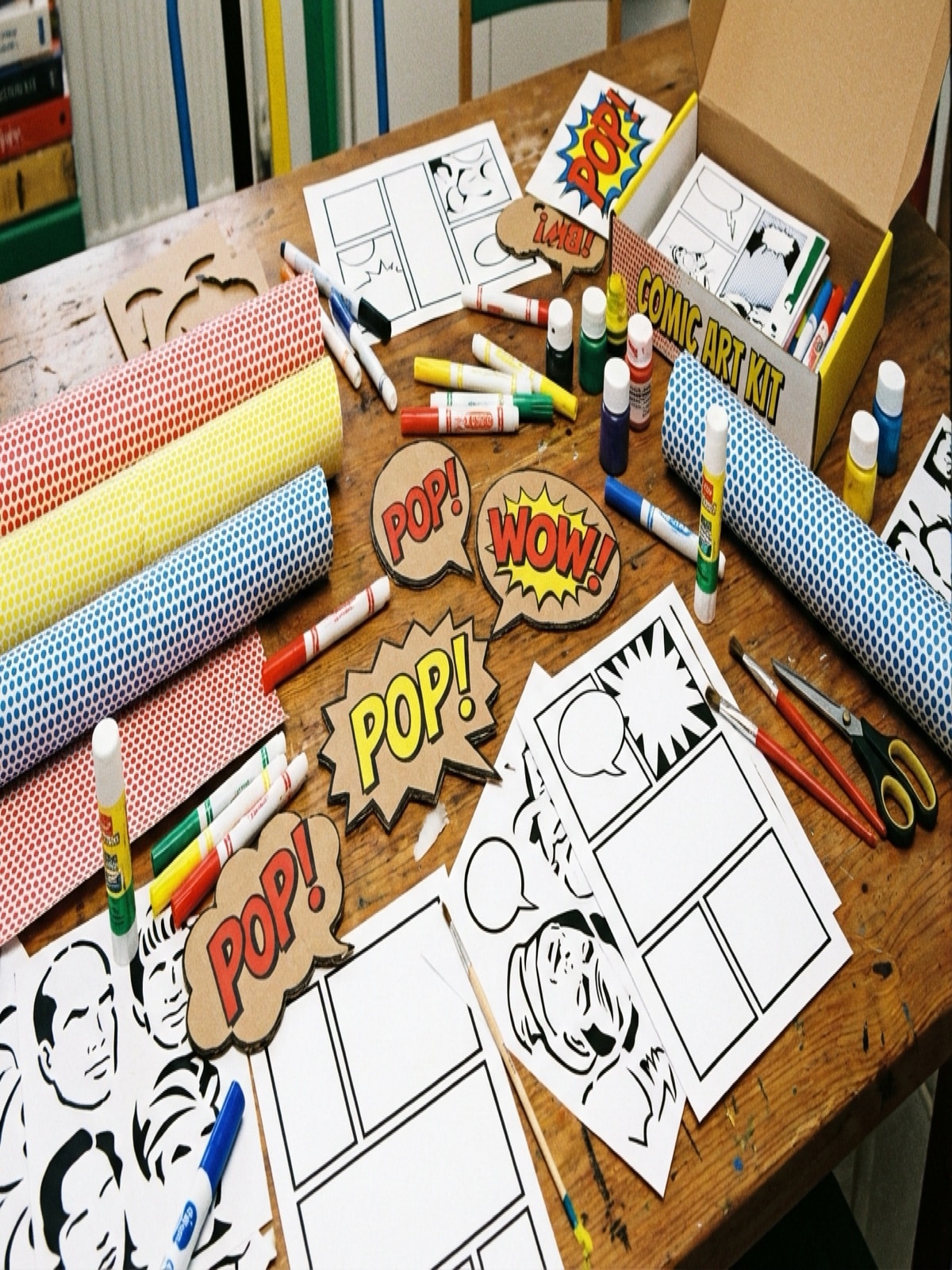 Roy Lichtenstein inspired comic art materials with Ben-Day dots and speech bubbles