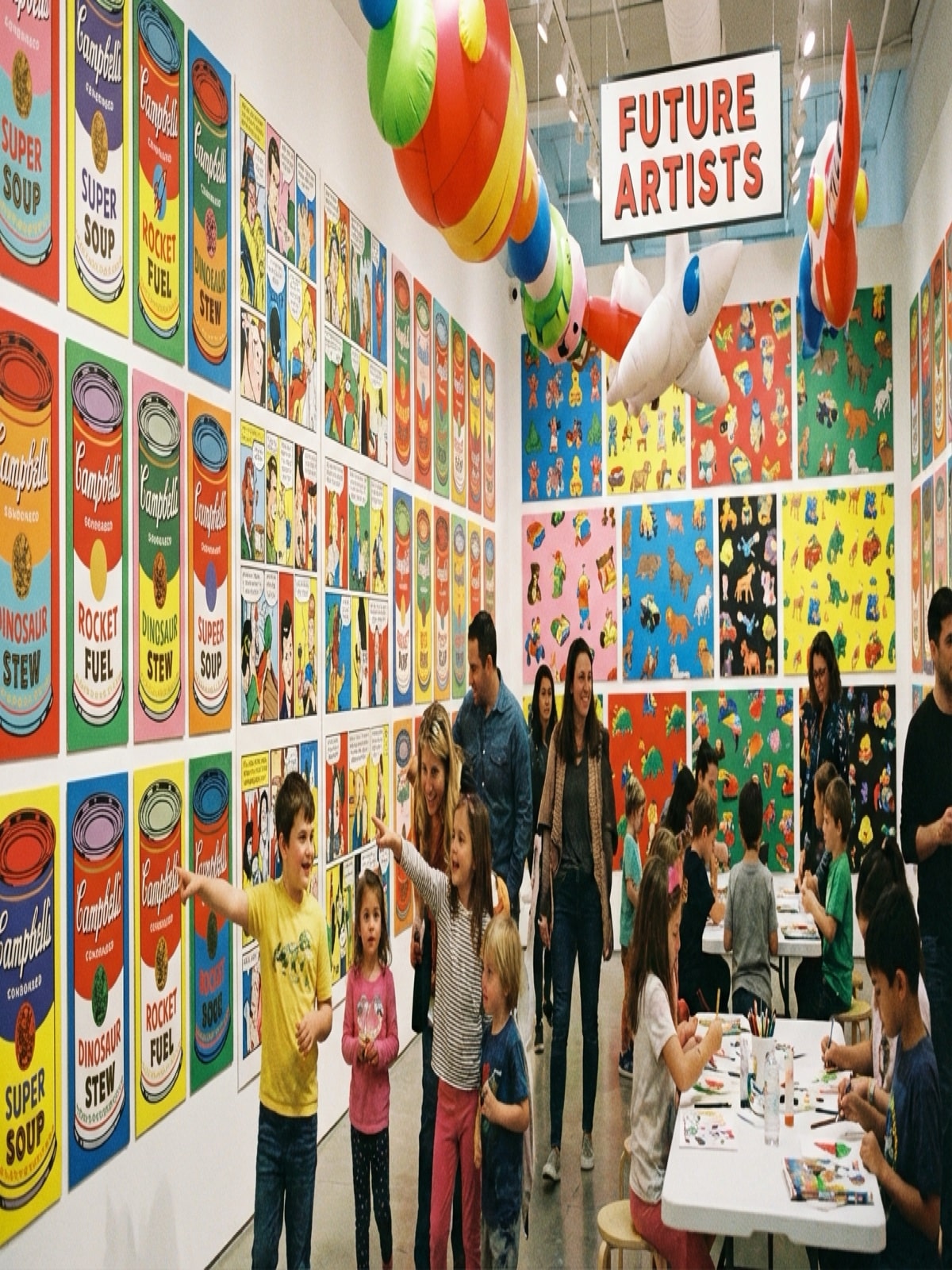 Kids pop art gallery display with bold colorful artwork