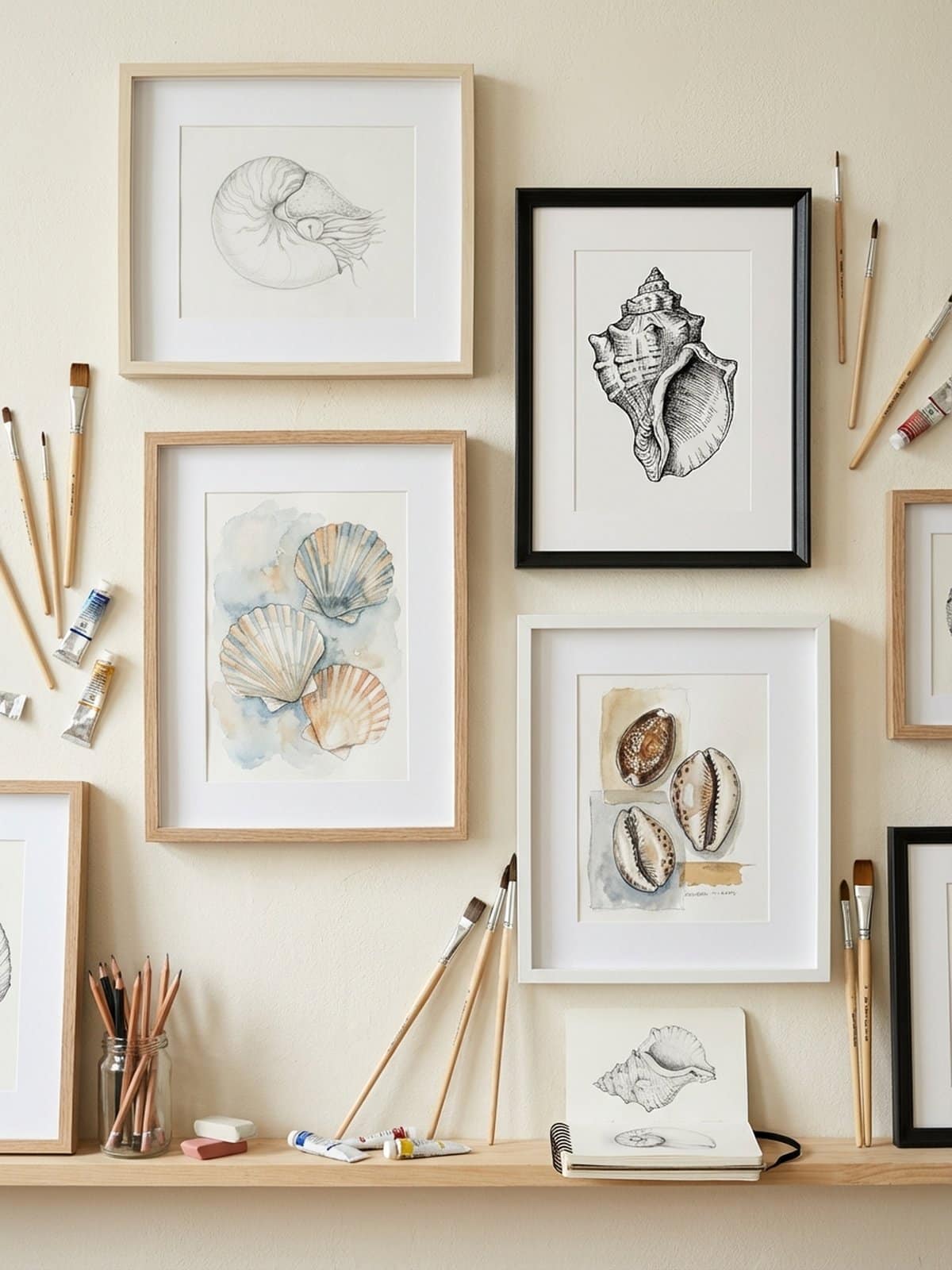 Collection of finished seashell drawings and watercolor paintings