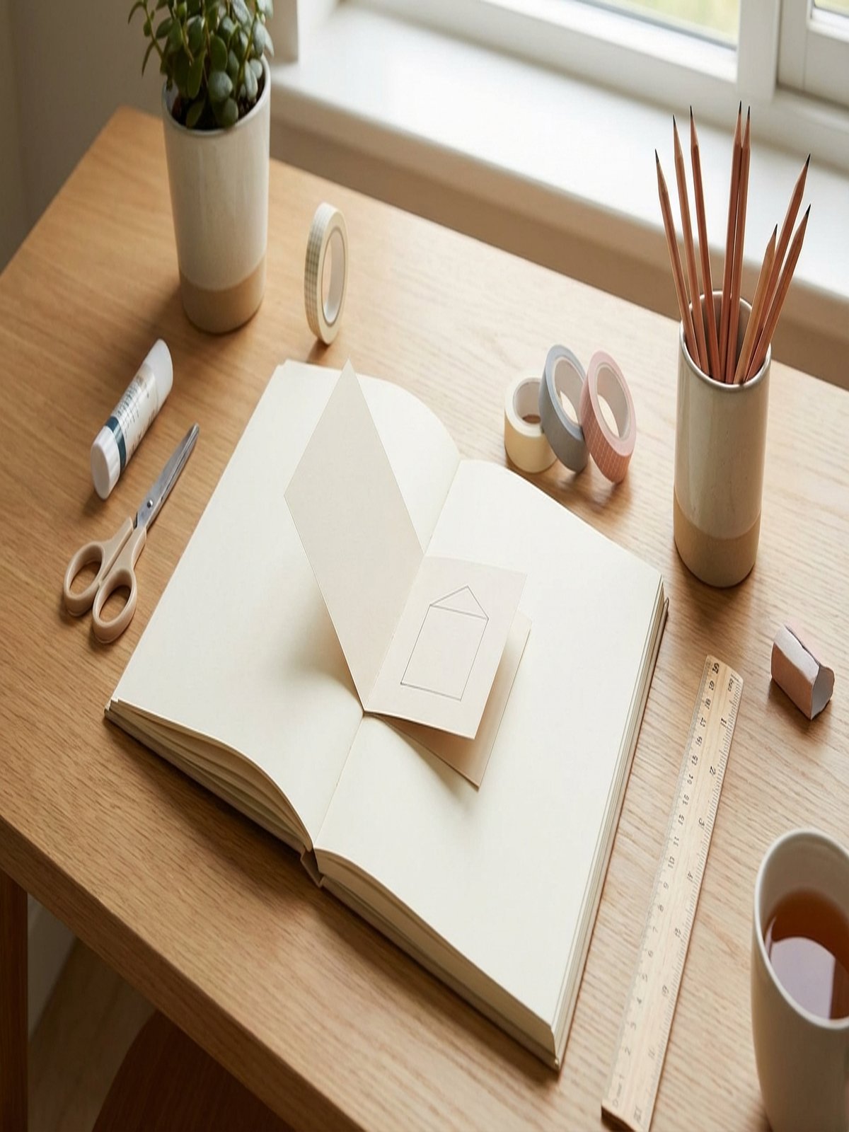 Beginner-friendly sketchbook setup with simple fold-out template and basic art supplies