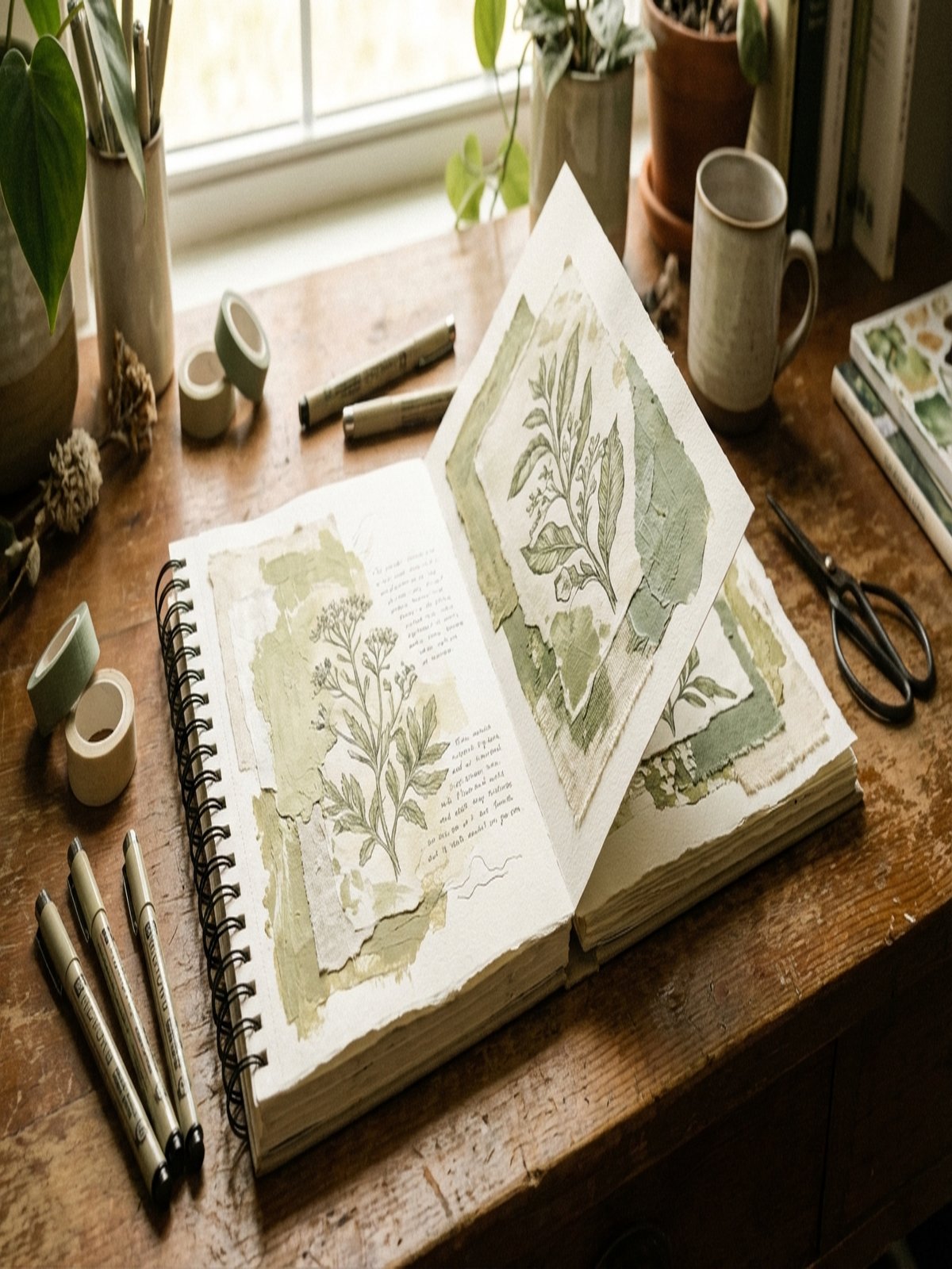Open sketchbook showing interactive fold-out flap with hidden artwork and art supplies on wooden desk