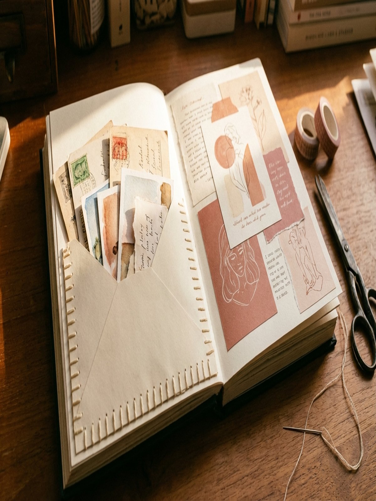 Artist sketchbook with sewn-in paper pocket containing vintage postcards and hand-drawn cards