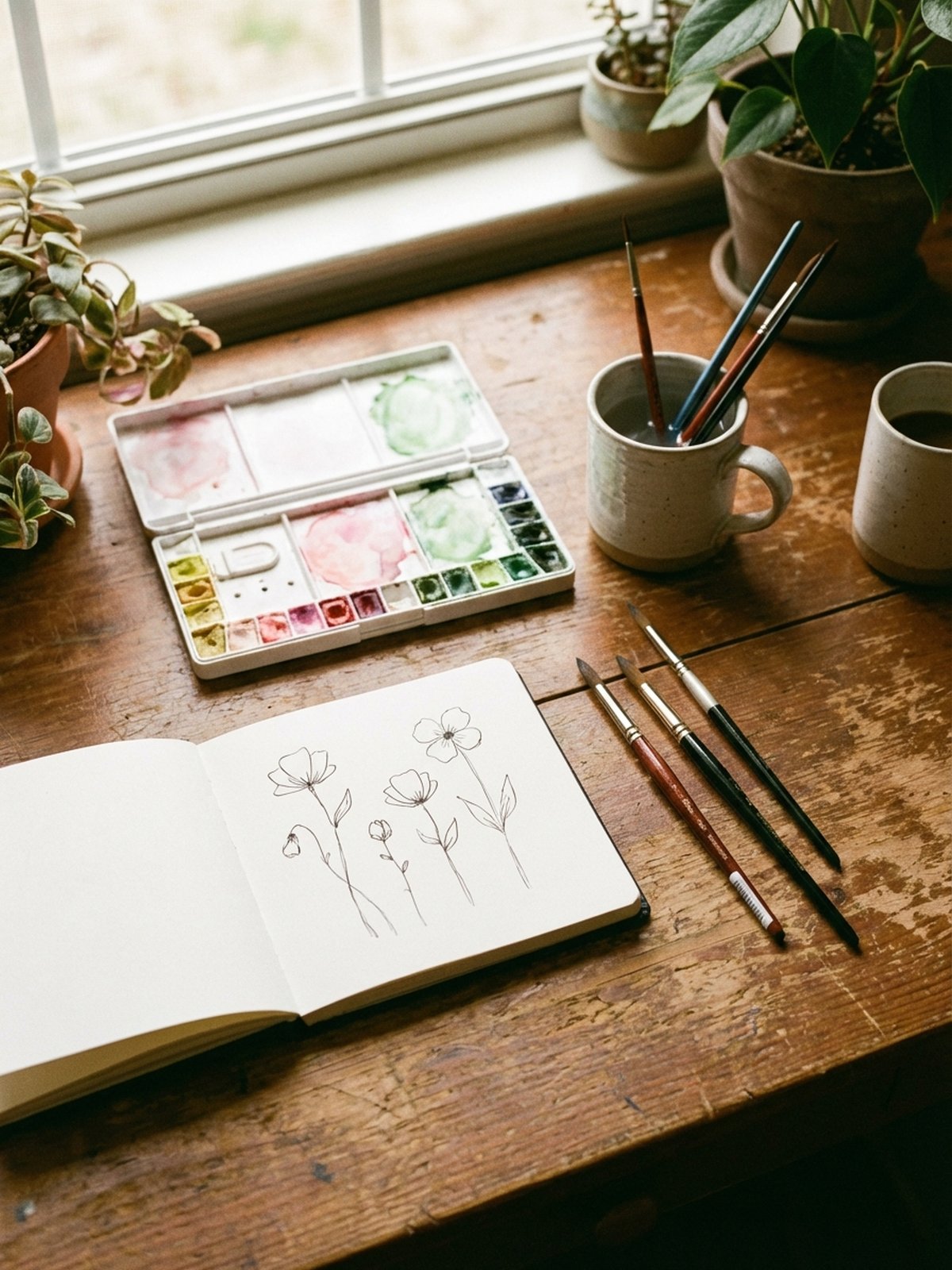 Drawing ideas to paint - sketchbook with simple flower sketches and watercolor supplies