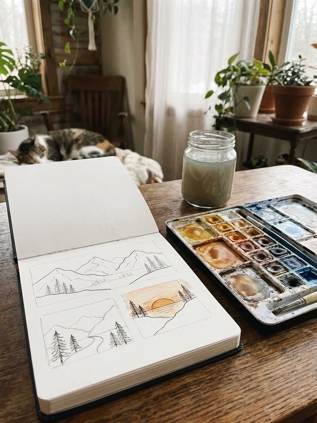 Simple landscape sketches ready for watercolor - mountains, trees, and sunset outlines