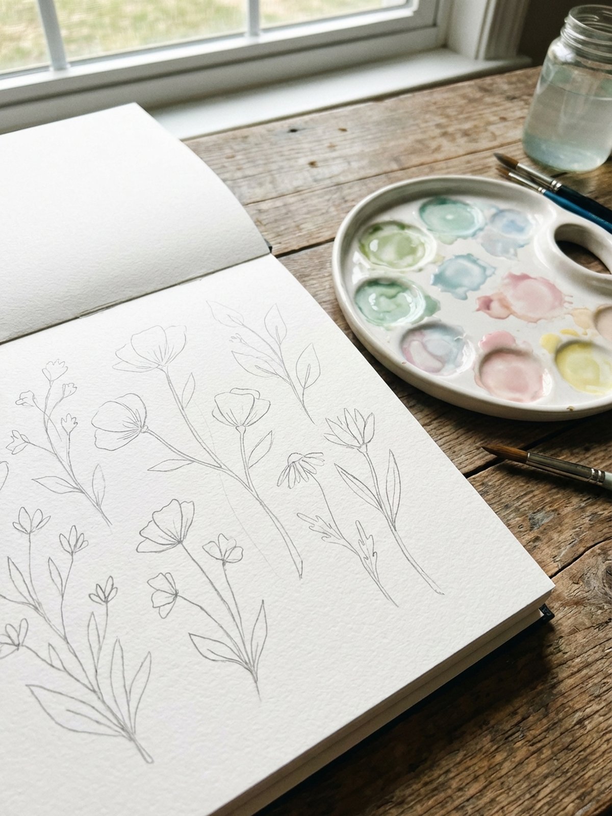 Botanical drawing ideas for watercolor - leaves, stems, and plant sketches