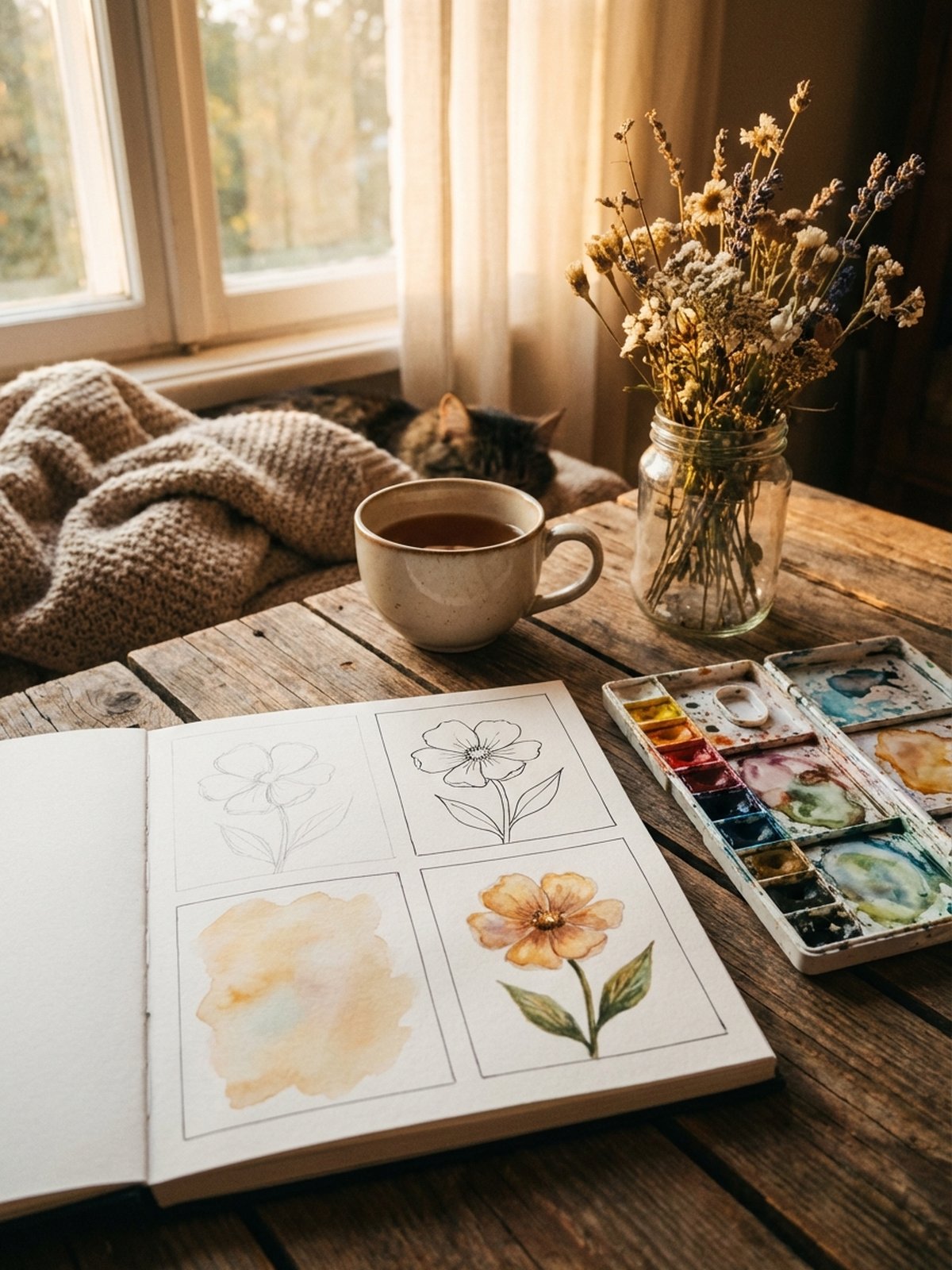 Art supplies for painting from sketches - watercolor and drawing materials