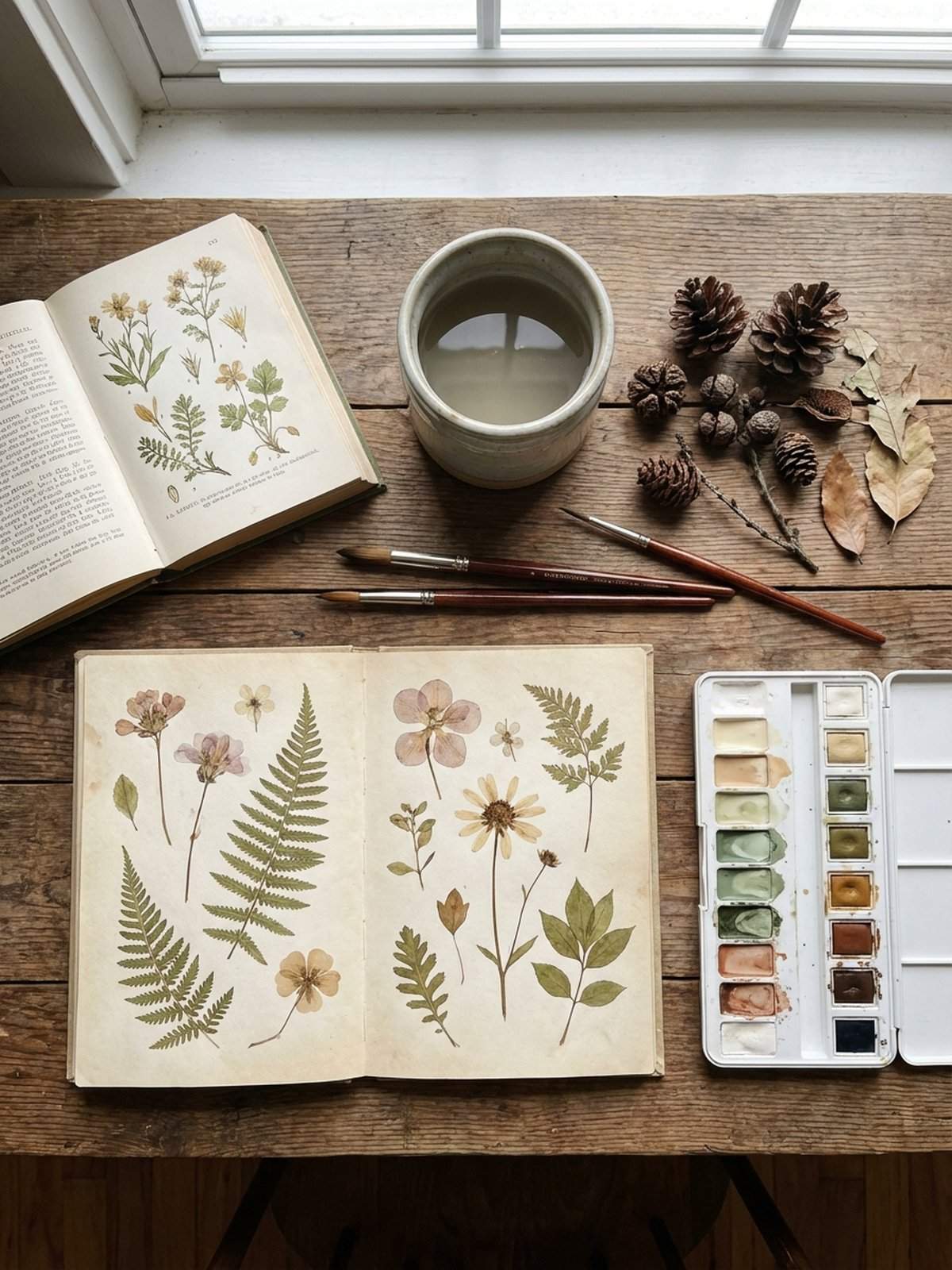 Nature watercolor journaling supplies flat lay with sketchbook brushes and botanical specimens