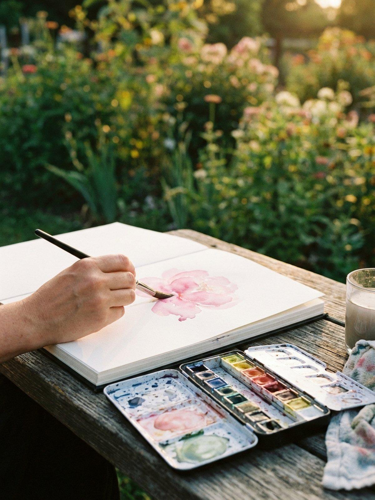 Close up of artist painting loose watercolor florals in spring garden