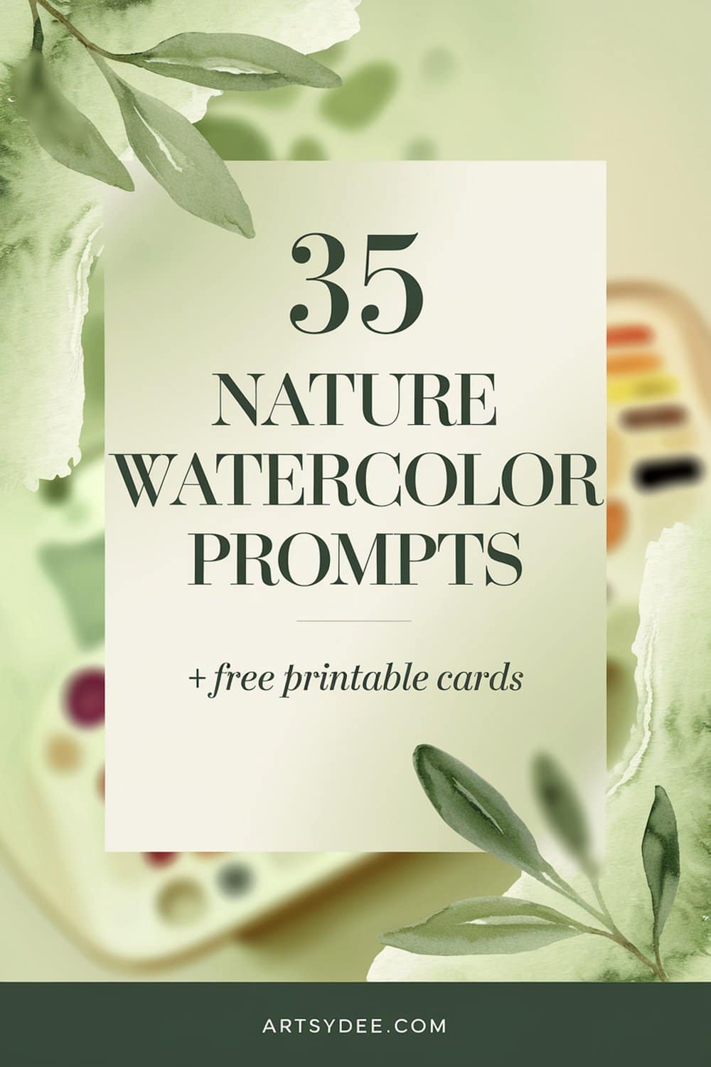 Nature watercolor prompts Pinterest pin with 35 painting ideas and free printable cards