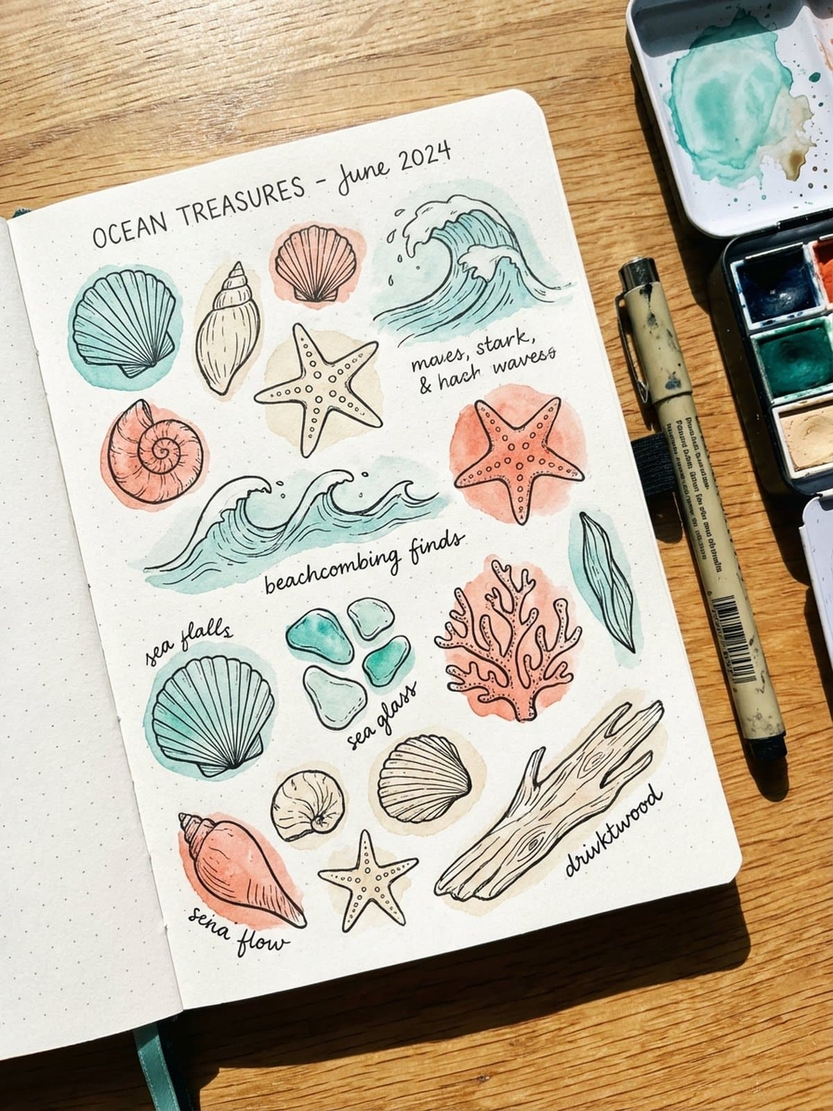 Ocean themed doodles and seashell sketches in a bullet journal