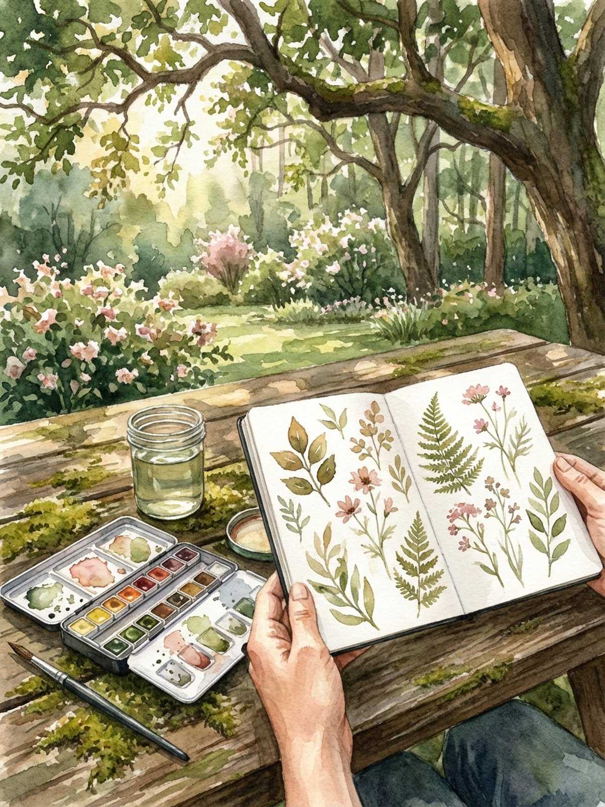 Artist painting nature watercolor studies outdoors with portable palette and sketchbook