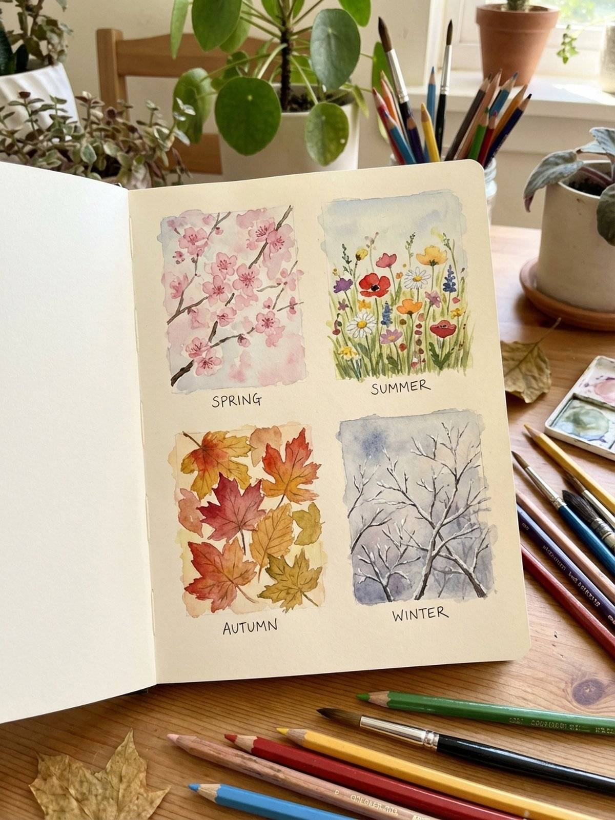 Watercolor sketchbook showing seasonal nature studies for spring summer autumn and winter