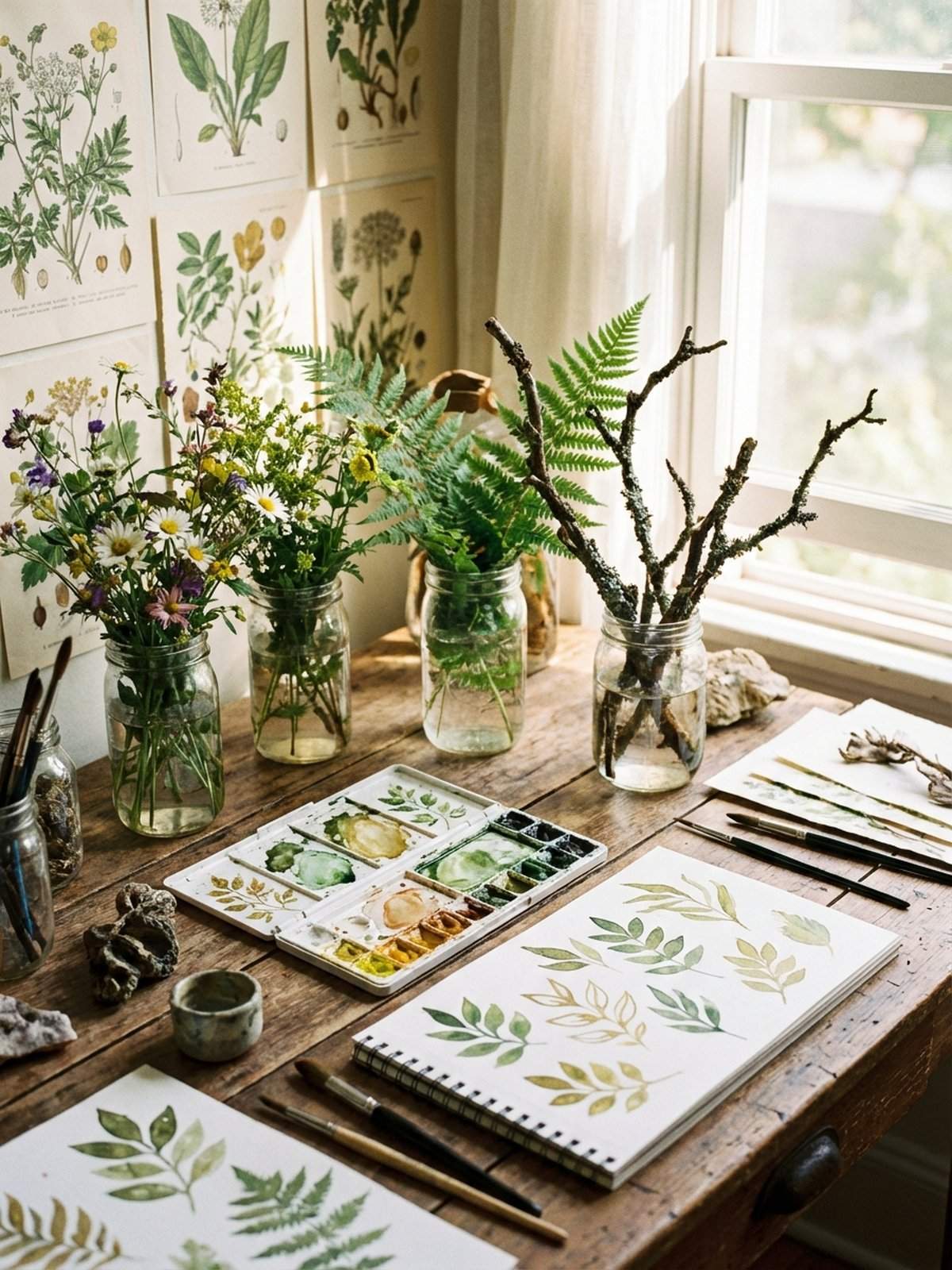 Artist workspace with nature specimens and watercolor supplies by window light