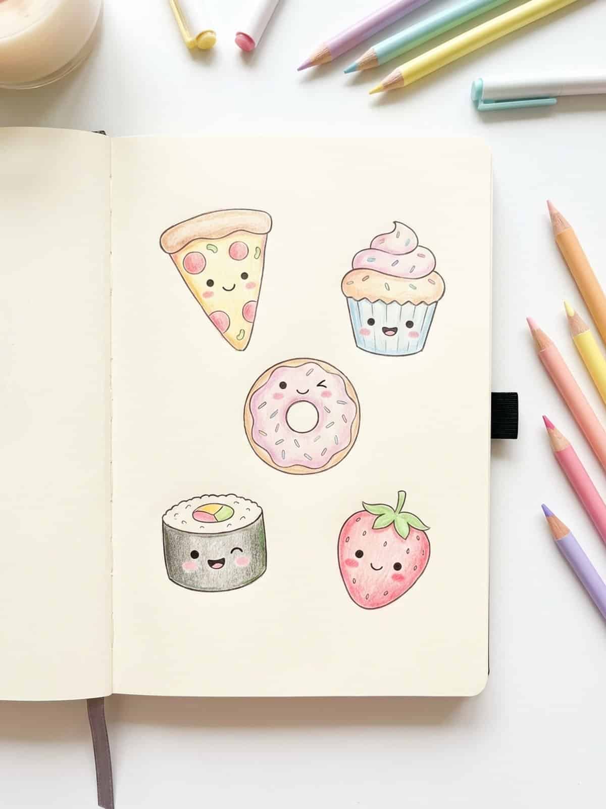 Cute food drawings showing kawaii style with simple rounded shapes and pastel colours