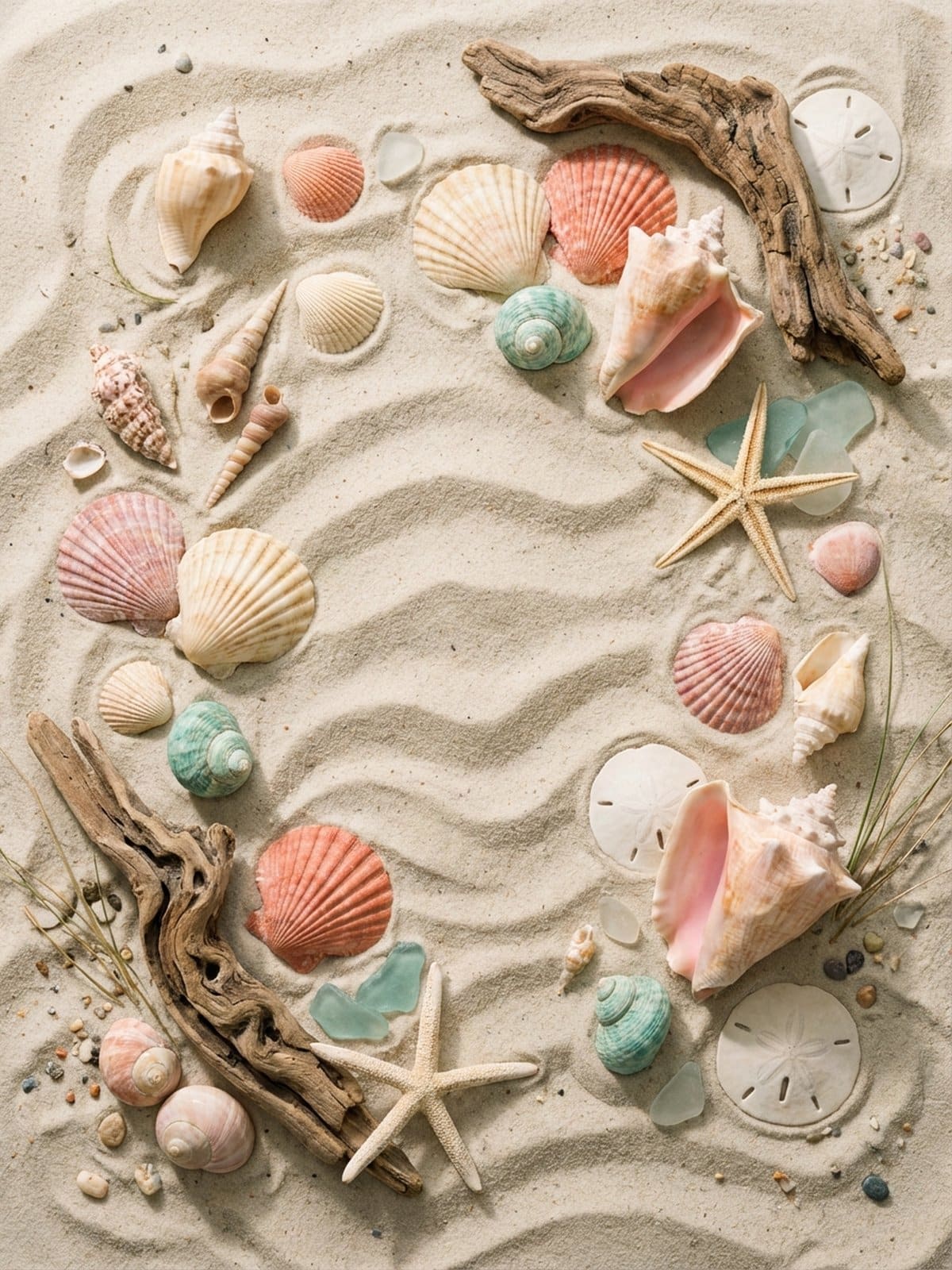 Collection of various seashells arranged on sand for drawing reference