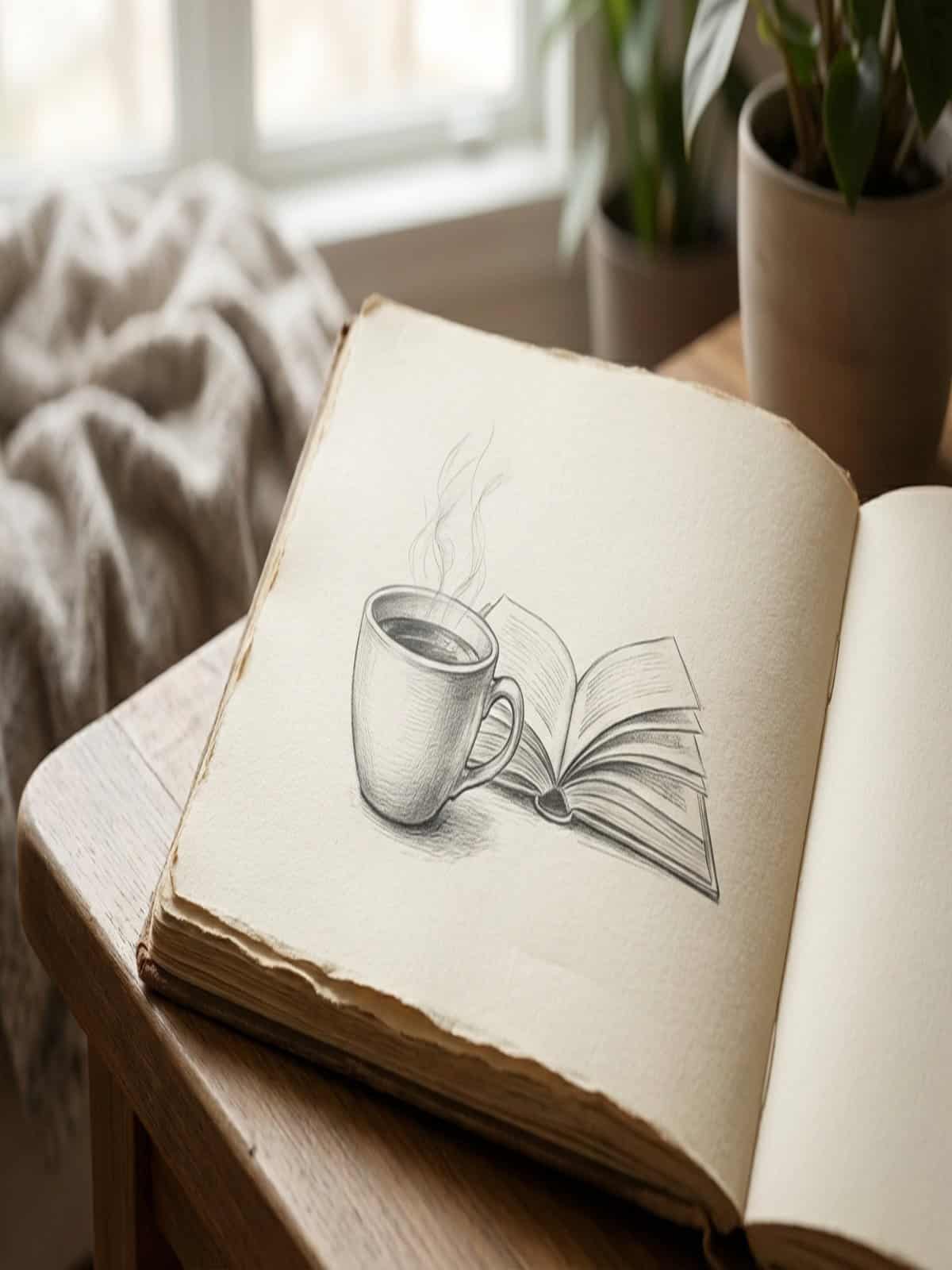 Simple sketch of a coffee cup and book in a sketchbook showing beginner-friendly subjects
