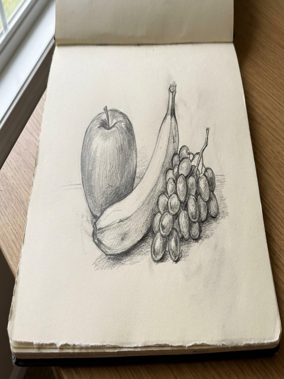 Sketches of fruits and food items in a sketchbook perfect for beginner drawing practice