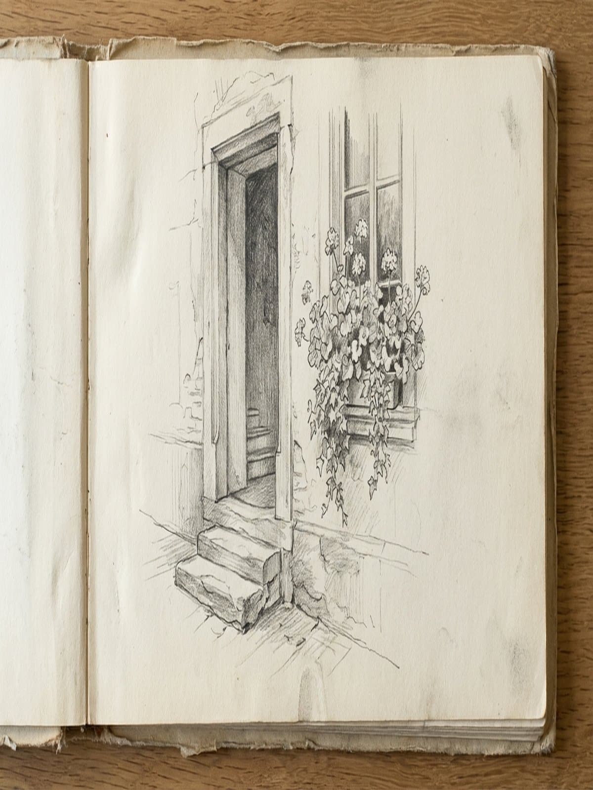 Architectural detail sketch of a doorway showing texture and detail study for beginners