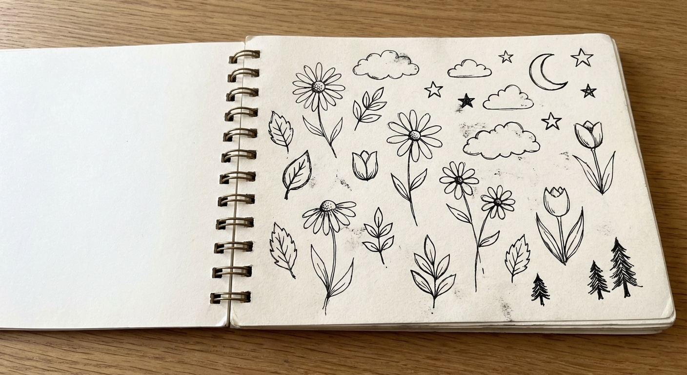 Simple nature doodles including flowers leaves clouds trees mountains and stars on a sketchbook page