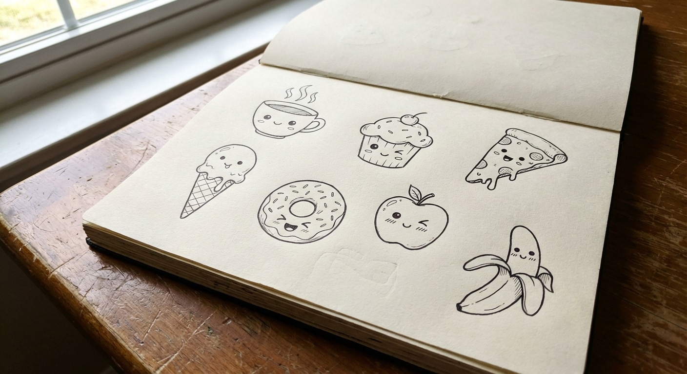 Easy food doodles including cute cupcakes coffee cups pizza and ice cream drawings