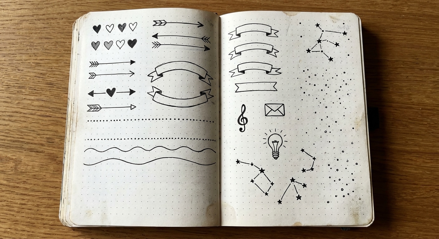 Mini doodle ideas for journals and planners including hearts arrows banners and decorative dividers
