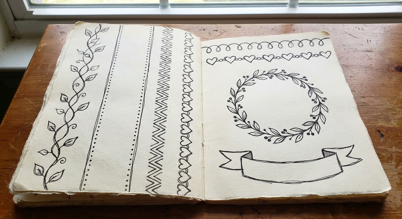 Doodle borders and frames including vine borders heart chains and decorative page frames