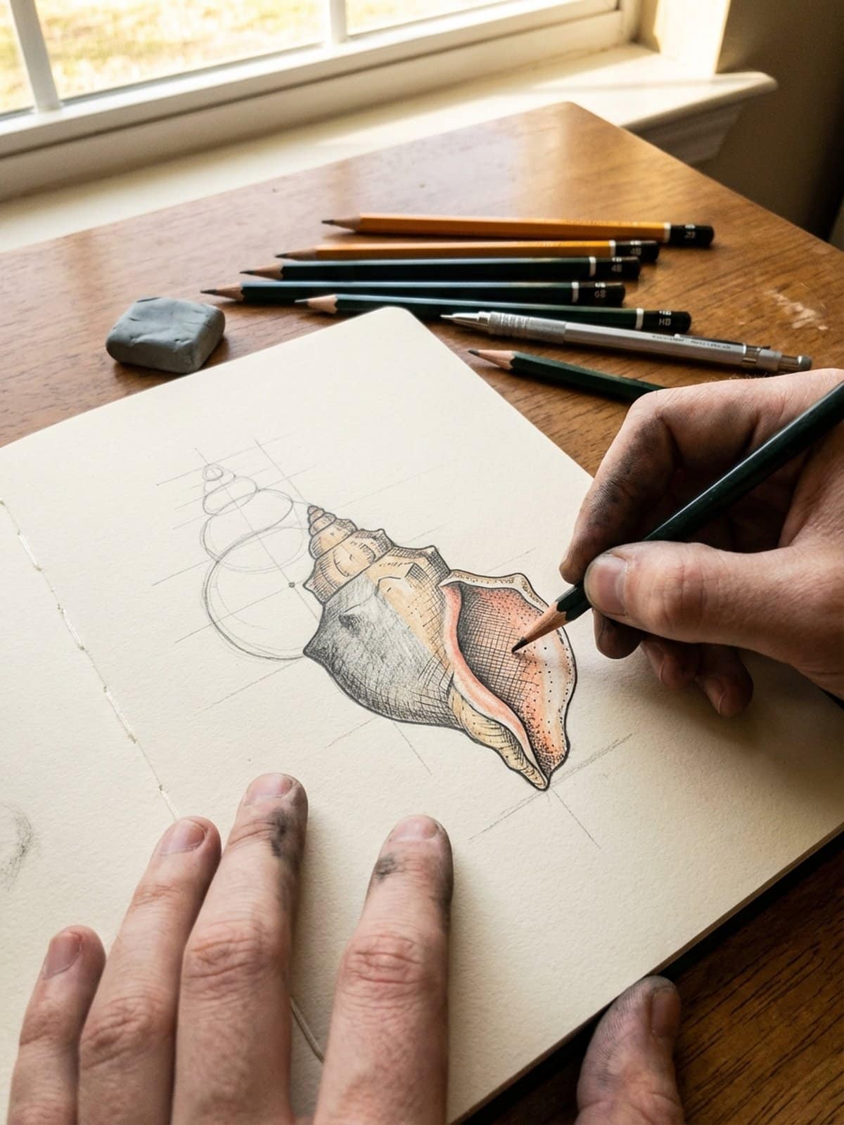Step by step seashell drawing tutorial showing spiral shell construction