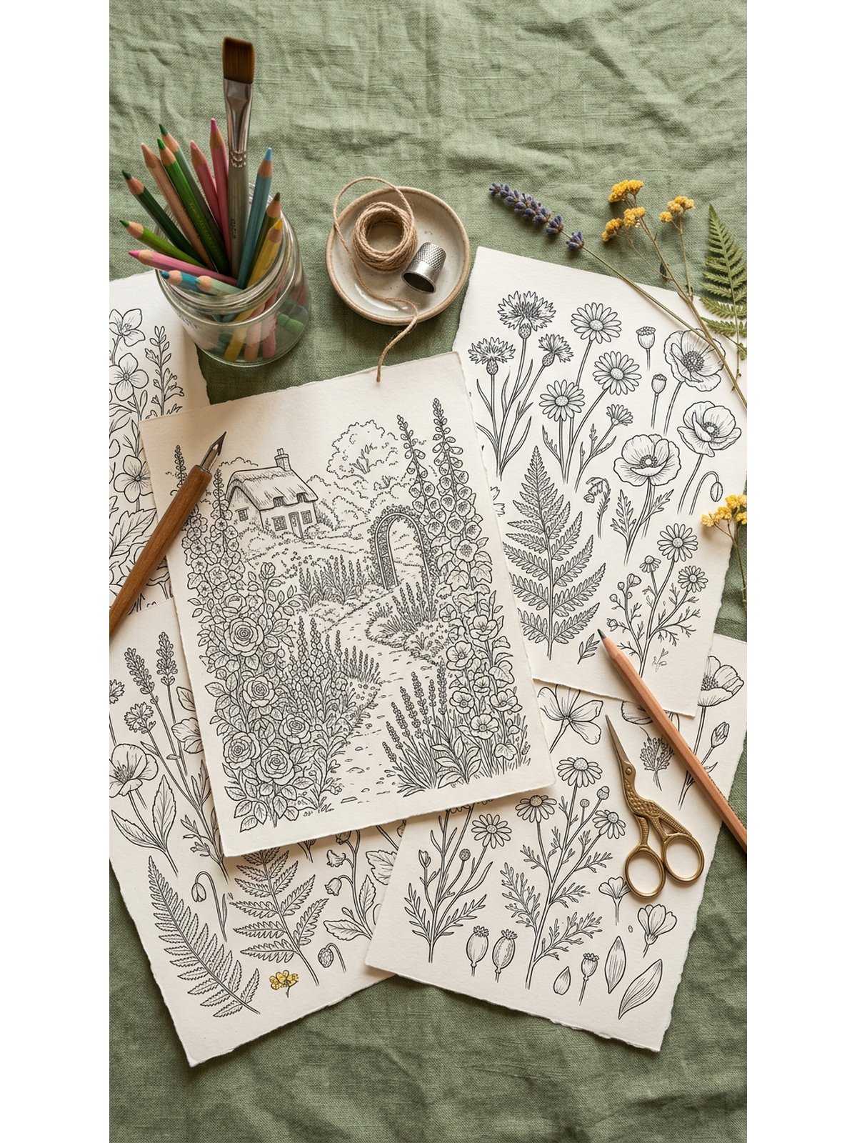 Cottagecore coloring pages featuring mushrooms wildflowers and cosy cottage scenes