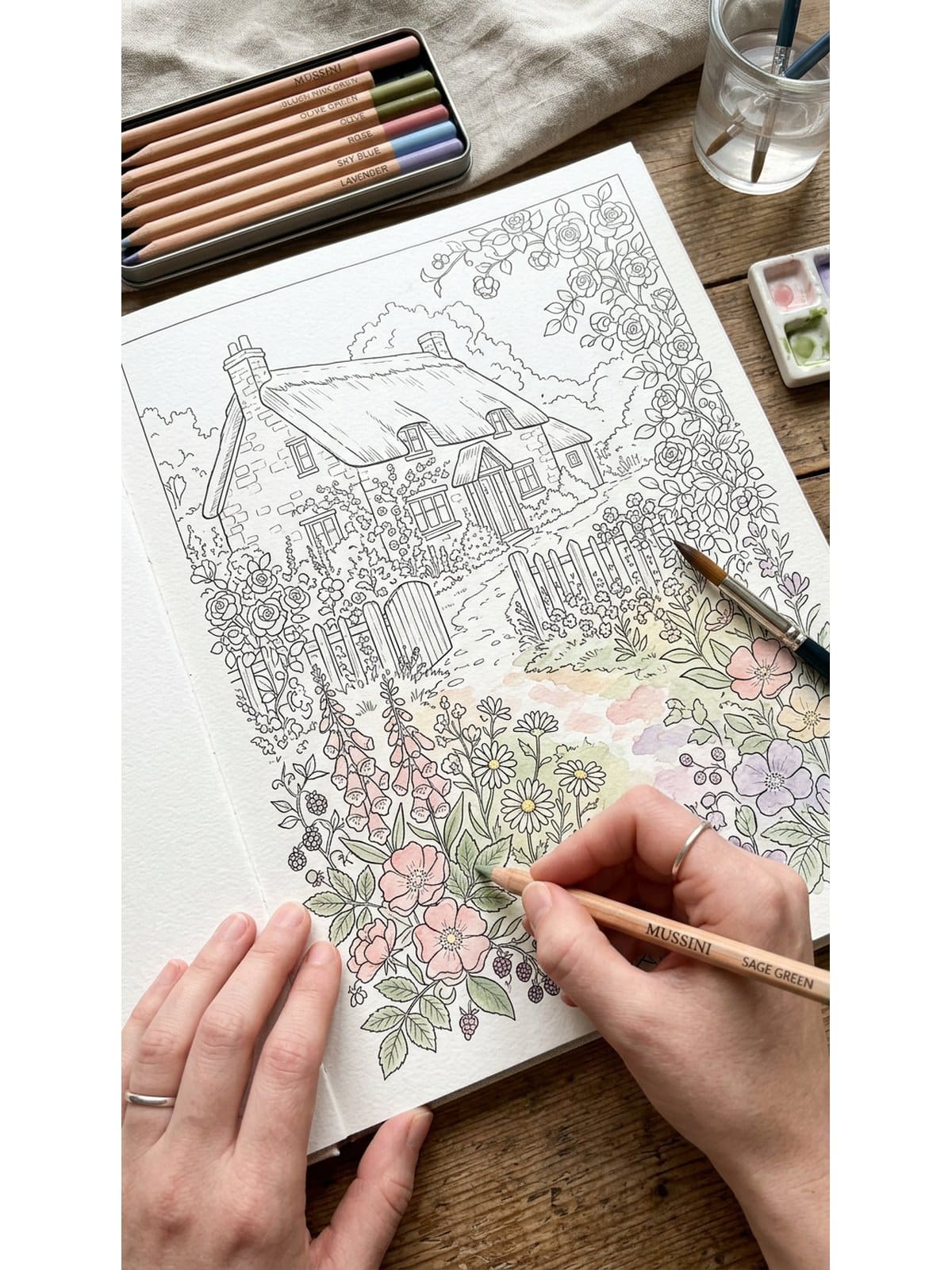 Cottagecore colour palette ideas for colouring pages with sage green dusty rose and terracotta