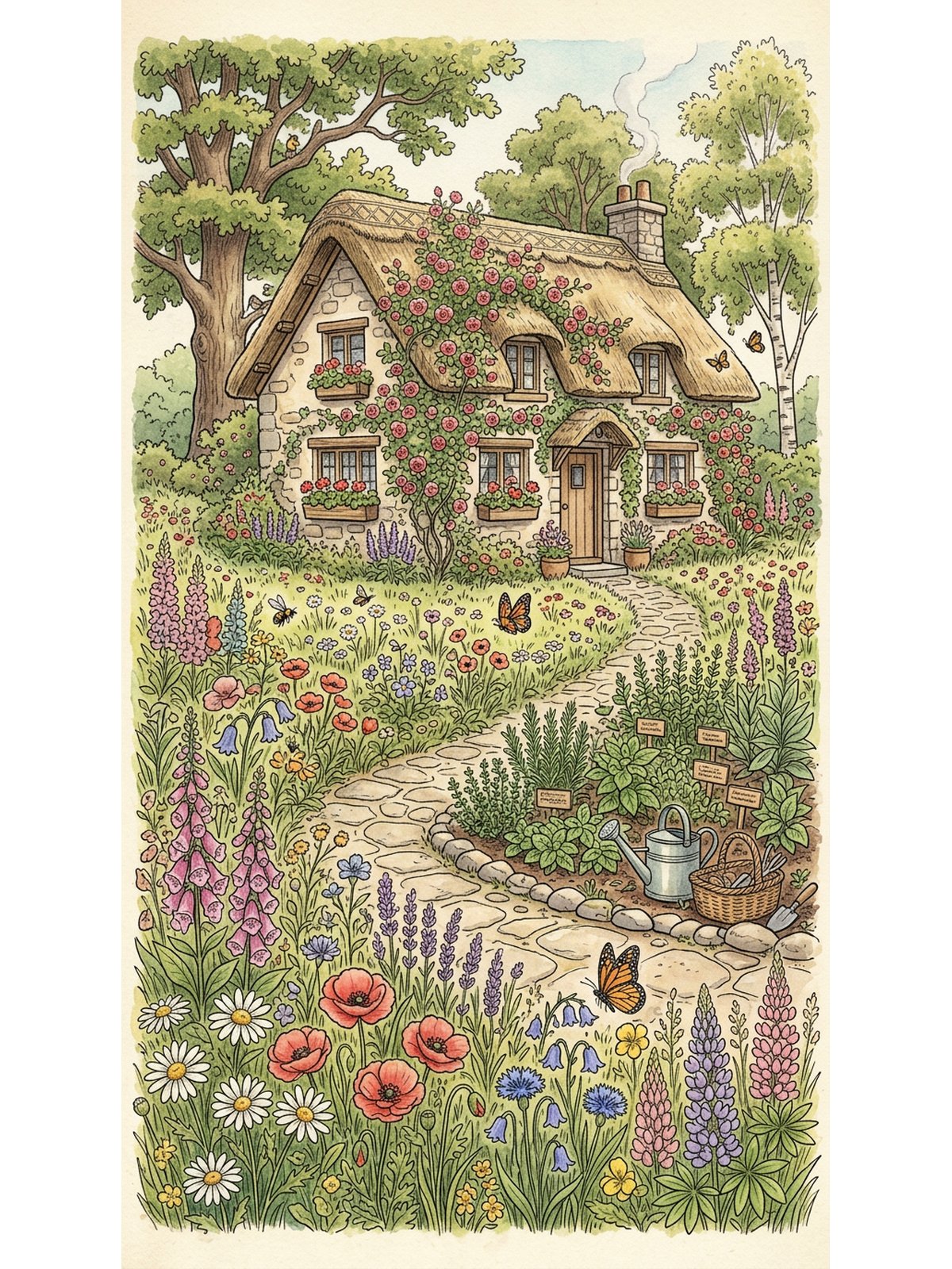 Tips for colouring cottagecore coloring pages with coloured pencils and watercolours