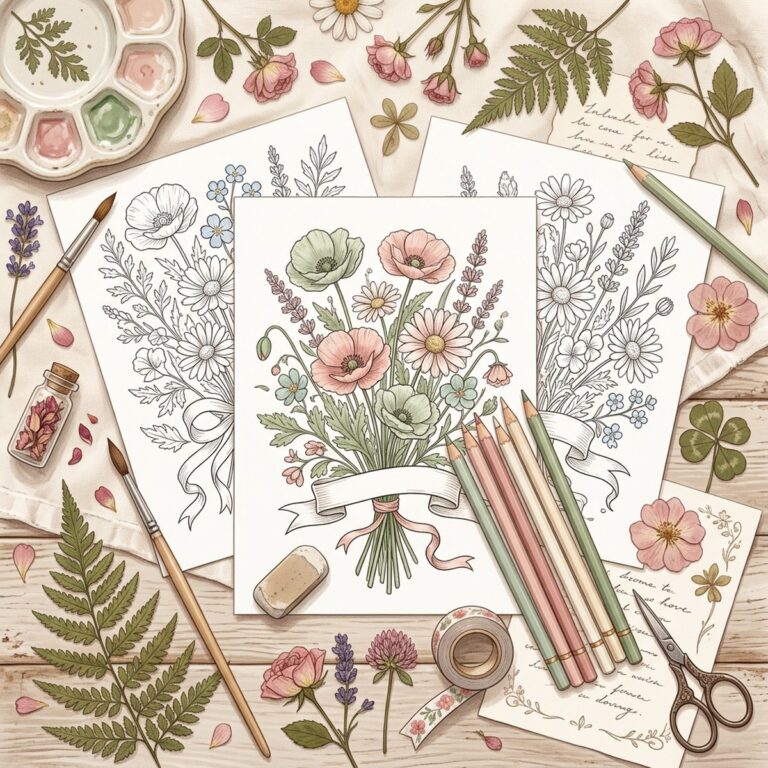 Cottagecore coloring pages free printable PDF with mushrooms flowers and botanical designs