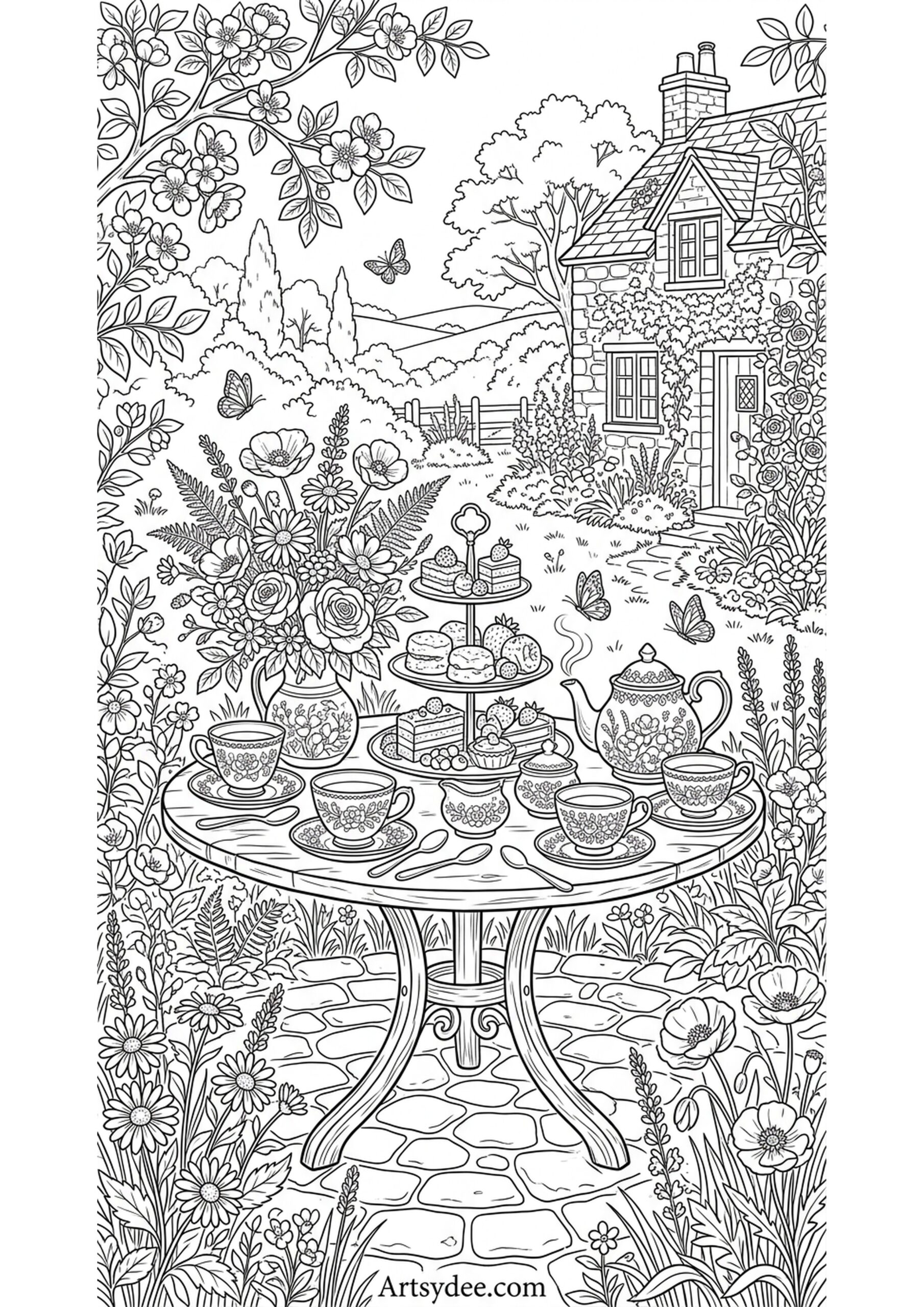 Cottagecore botanical coloring page printable